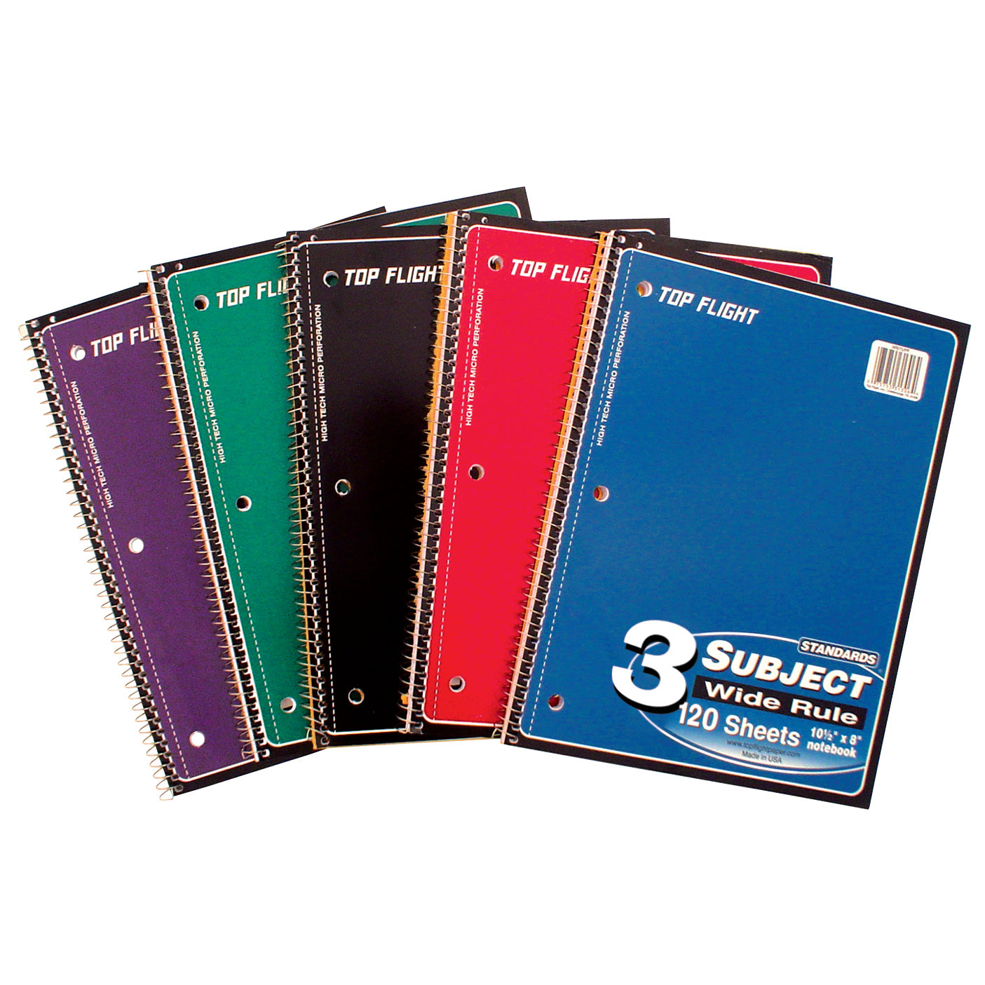 Top Flight 3-Subject Wirebound Notebooks - Pack Of 3 College Ruled With Pocket Dividers