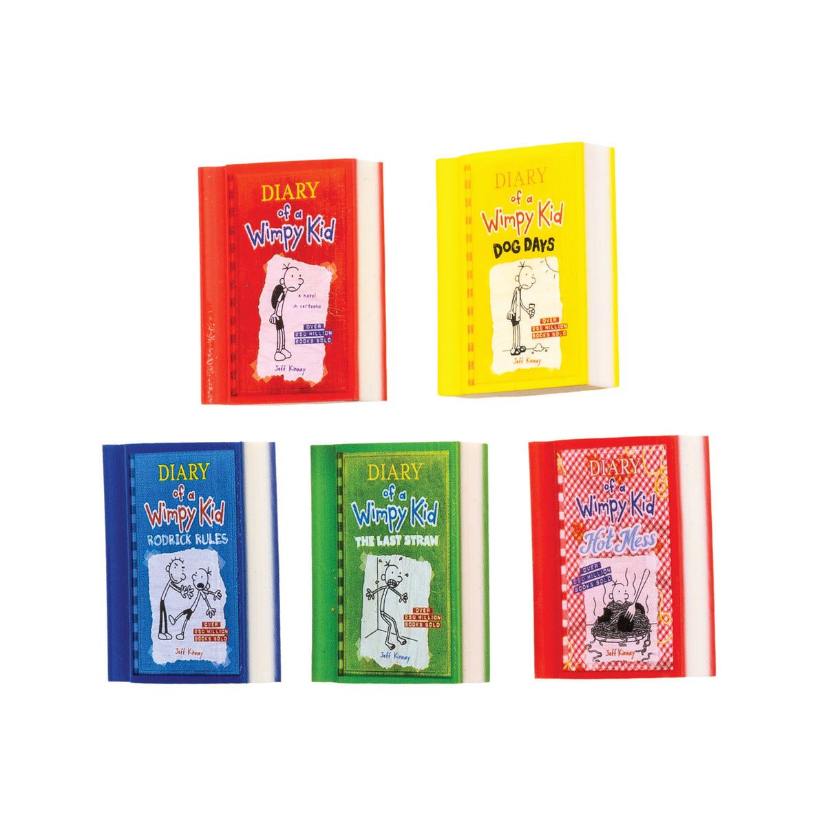 Diary of a Wimpy Kid book-shaped erasers collection featuring 5 different designs