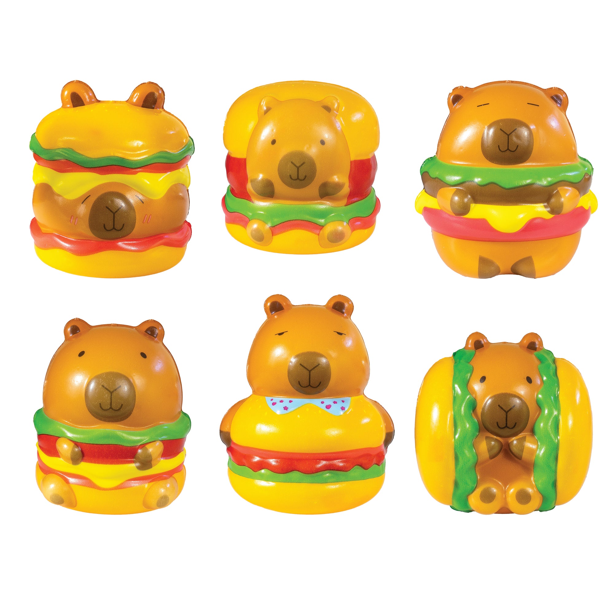 Capybara Slow Rise Toys featuring adorable capybaras styled as burgers with lettuce, cheese, and buns cute collectible squishy stress toys.