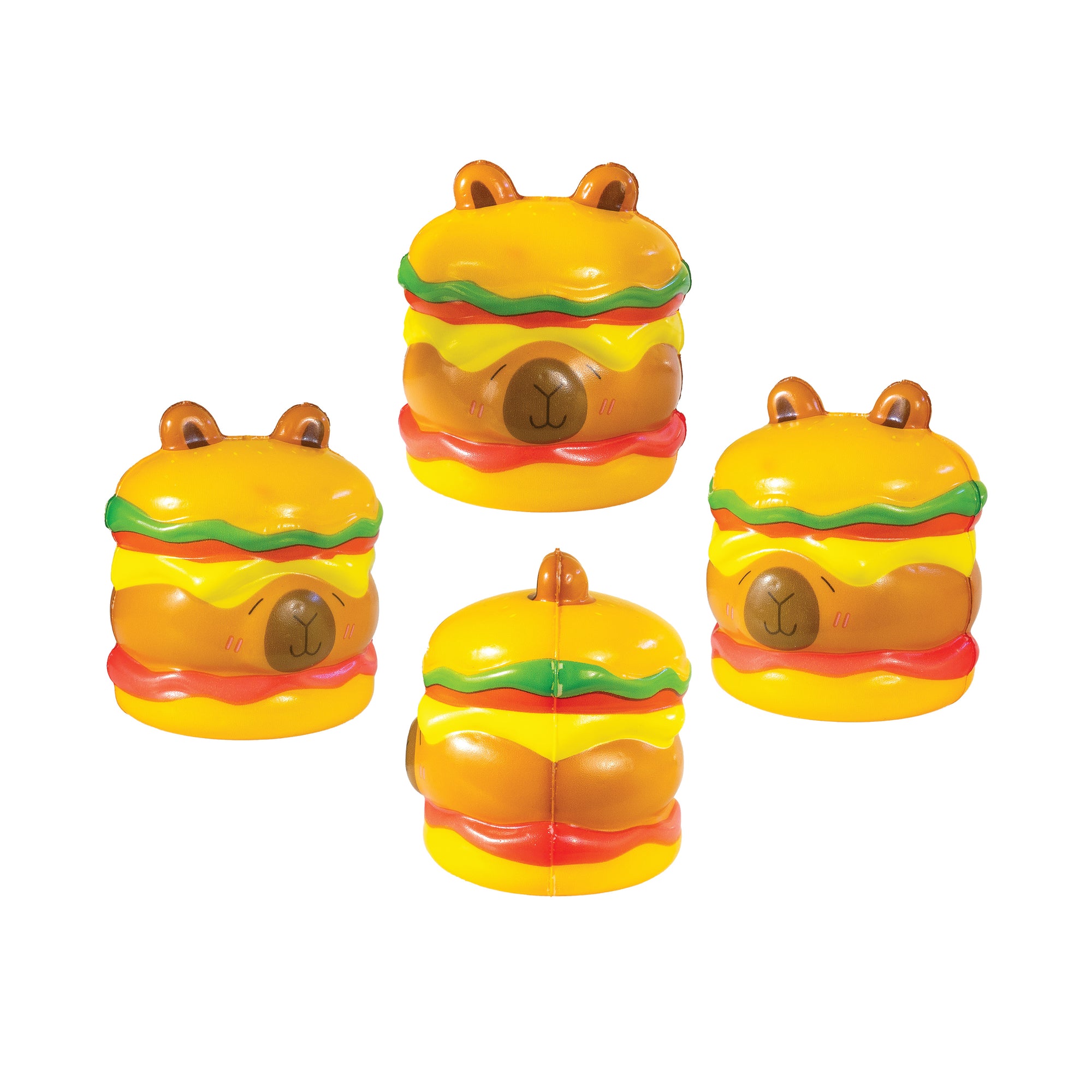 Capybara Slow Rise Toys featuring adorable capybaras styled as burgers with lettuce, cheese, and buns cute collectible squishy stress toys.