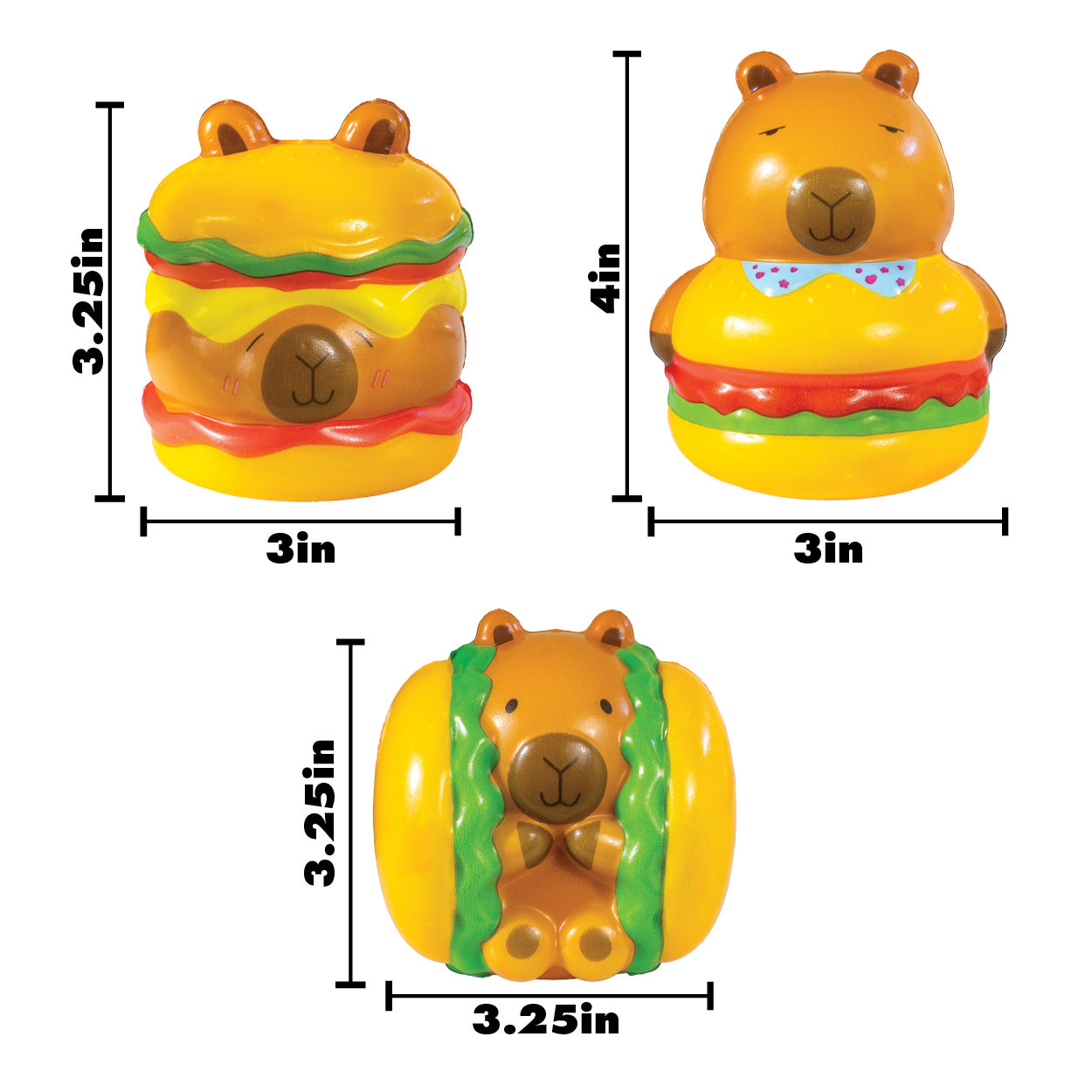 Capybara Slow Rise Toys featuring adorable capybaras styled as burgers with lettuce, cheese, and buns cute collectible squishy stress toys.