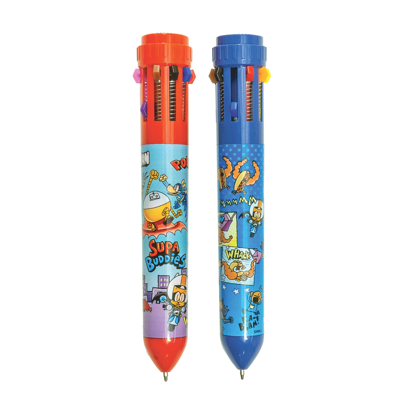 Two Dog Man 10-color pens featuring vibrant comic-style art of Dog Man, Cat Kid, and Supa Buddies characters exclusive GEDDES design packed with creativity and color.