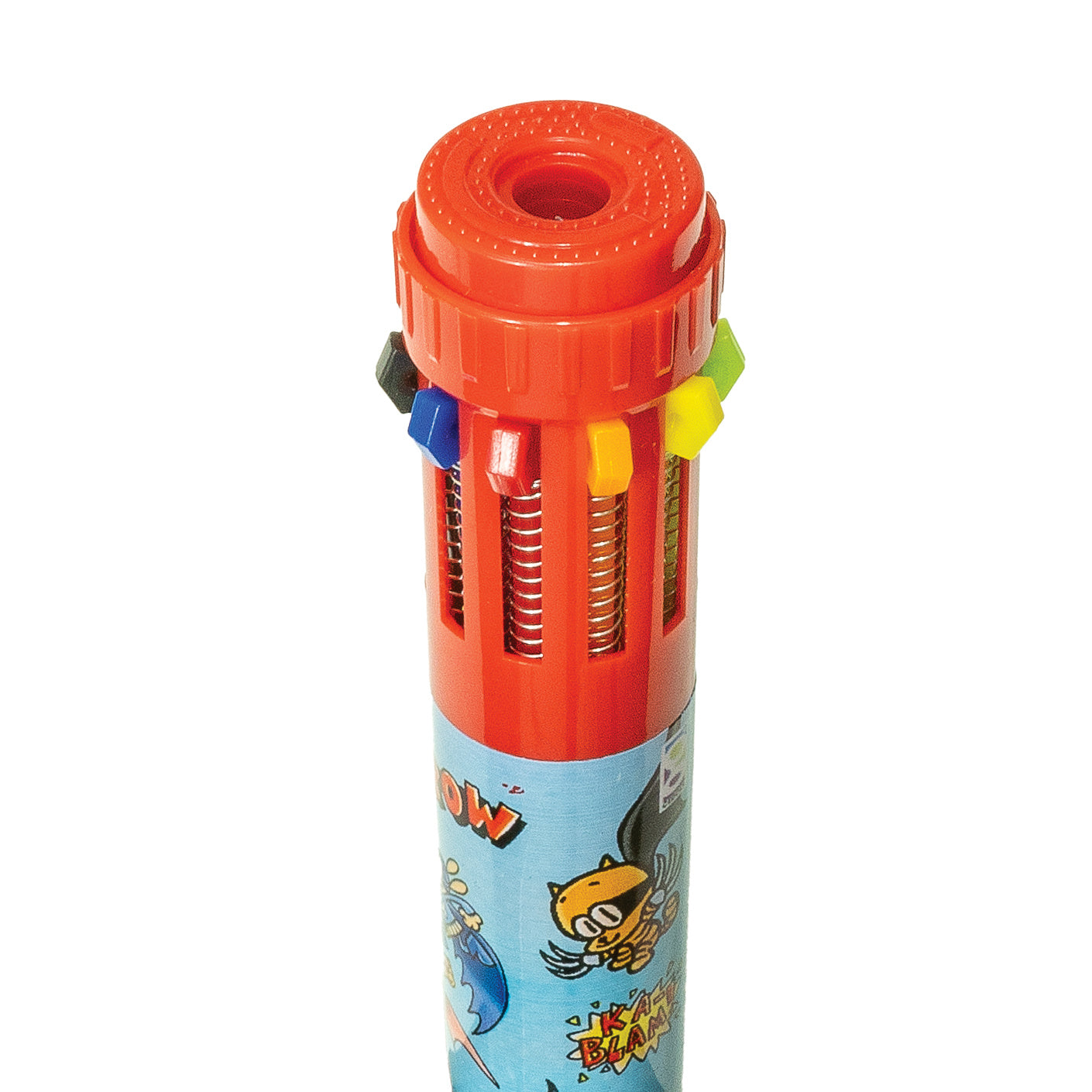 Close-up of red Dog Man 10-color pen featuring colorful ink selectors and comic-style Supa Buddies artwork