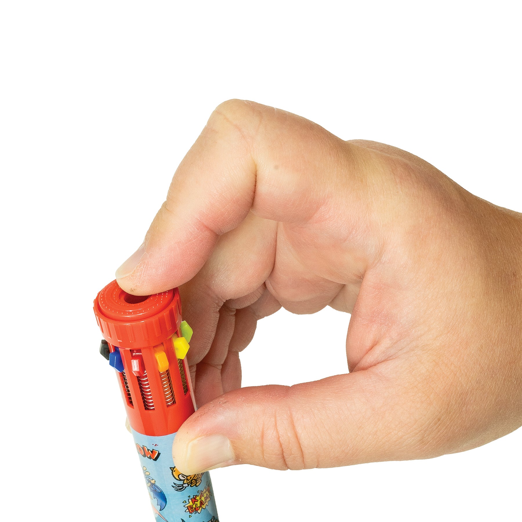 Hand holding a colorful pen with a Dog man design on a white background