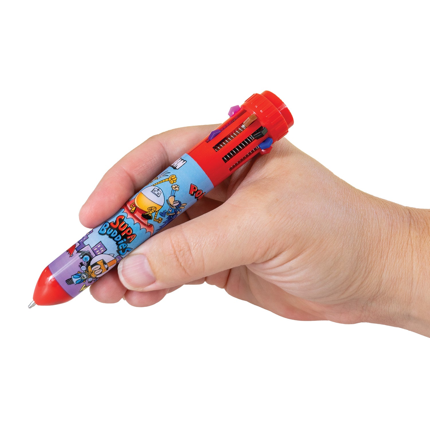 Colorful dog man pen held in a hand against a white background