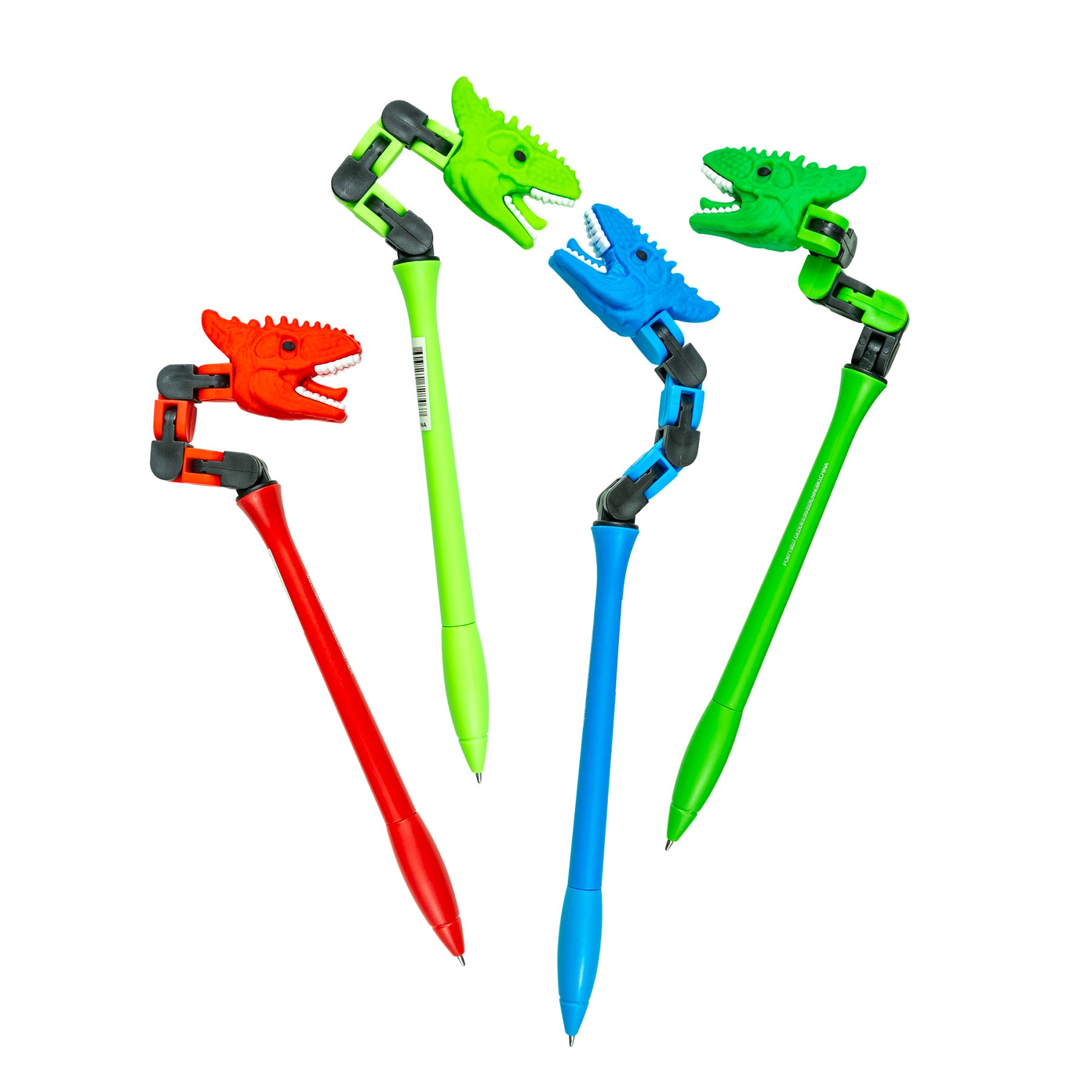 Four colorful Dino Wacky Track Pens in Raptor Red, Brachio Blue, Jurassic Green, and Lime-a-saurus Light Green with bendable dinosaur heads