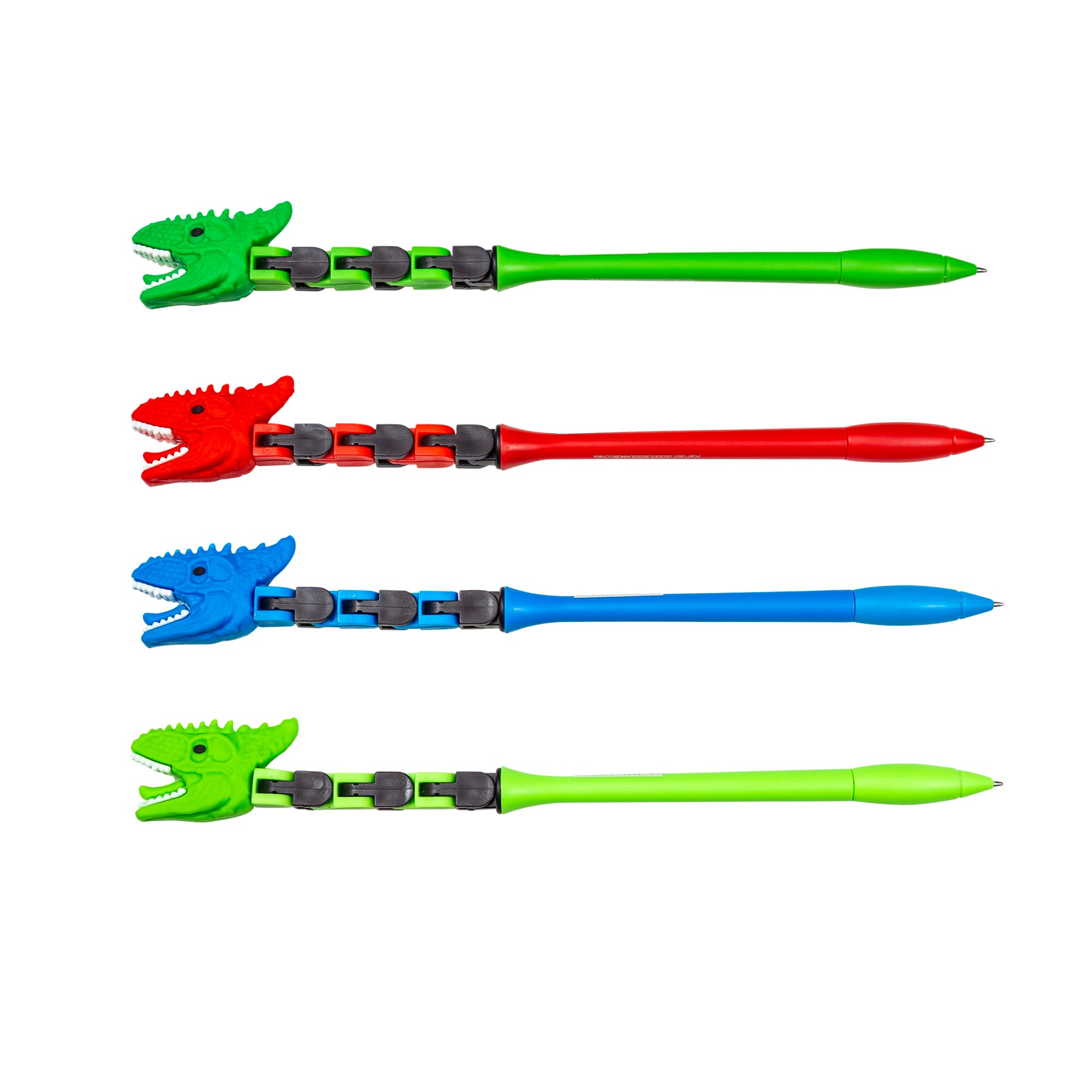 Raptor Red, Brachio Blue, Jurassic Green, and Lime-a-saurus Light Green Dino Wacky Track Pens shown fully extended