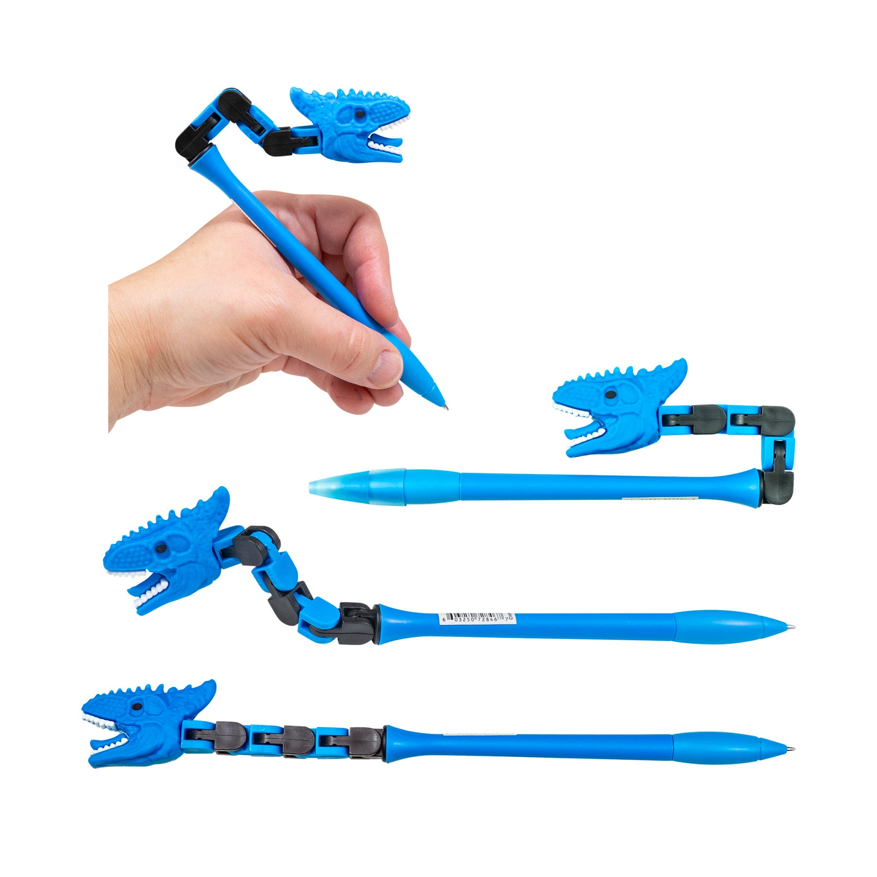 Blue Dino Wacky Track Pen shown in writing, bent, and extended positions