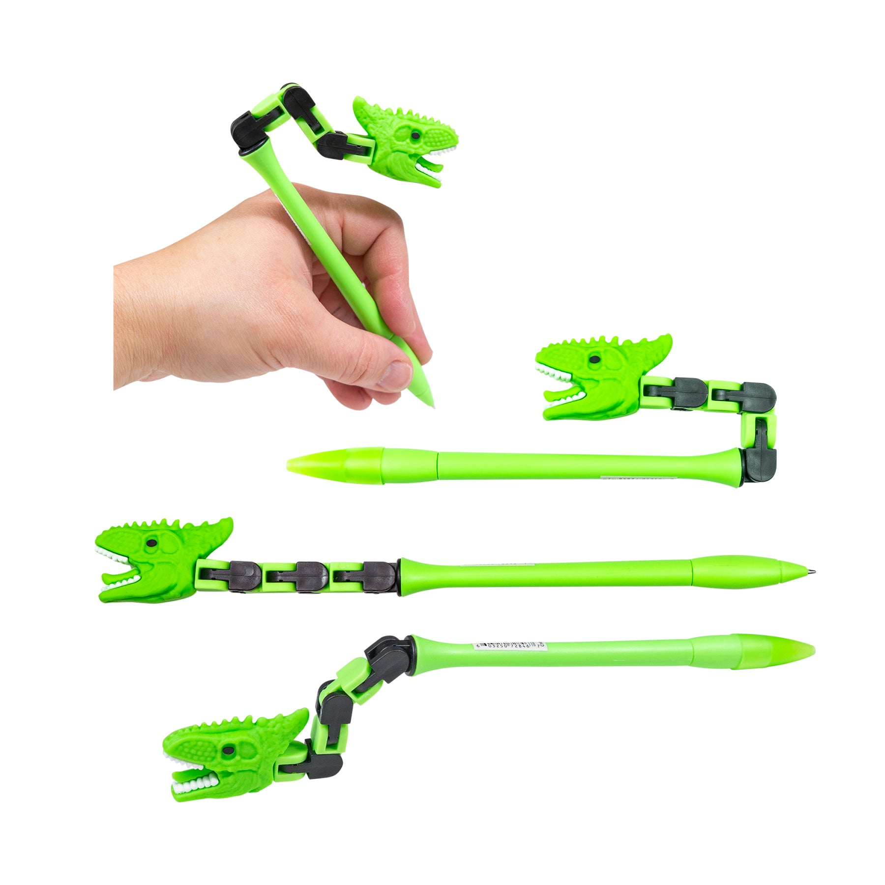 Lime-a-saurus Light Green Dino Wacky Track Pen shown in writing, bent, and extended positions
