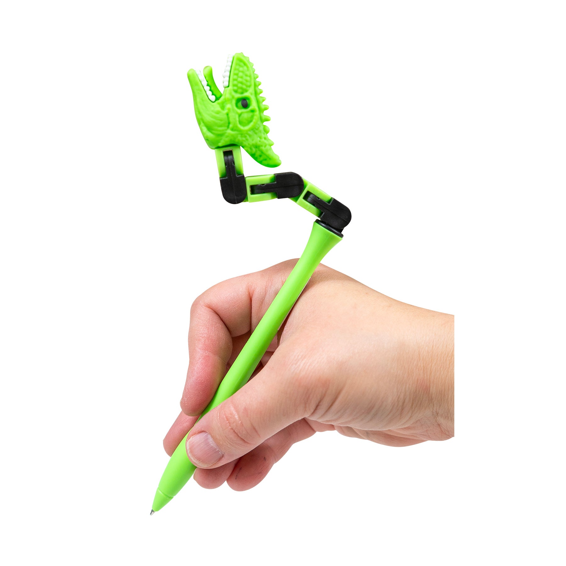 Lime-a-saurus Light Green Dino Wacky Track Pen with bendable dinosaur neck shown in hand