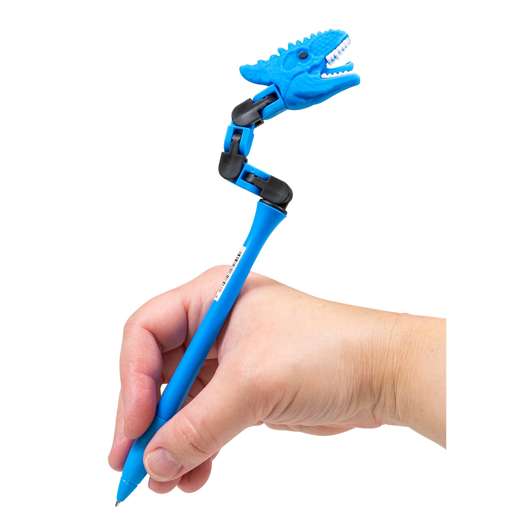 Brachio blue Dino Wacky Track Pen with bendable dinosaur head shown in hand