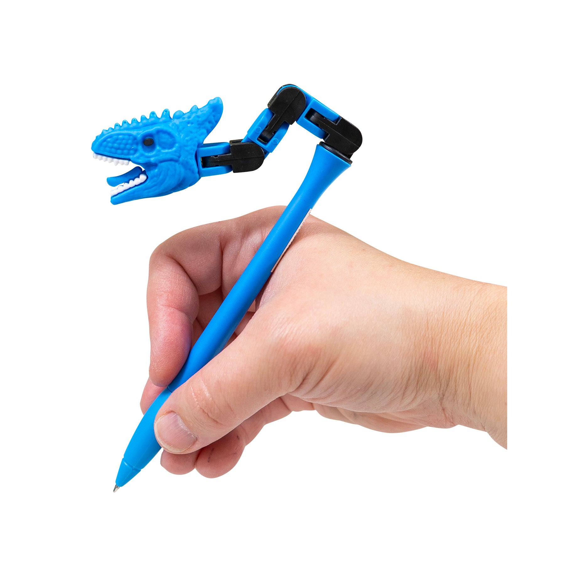 Brachio blue Dino Wacky Track Pen with bendable dinosaur head shown in hand