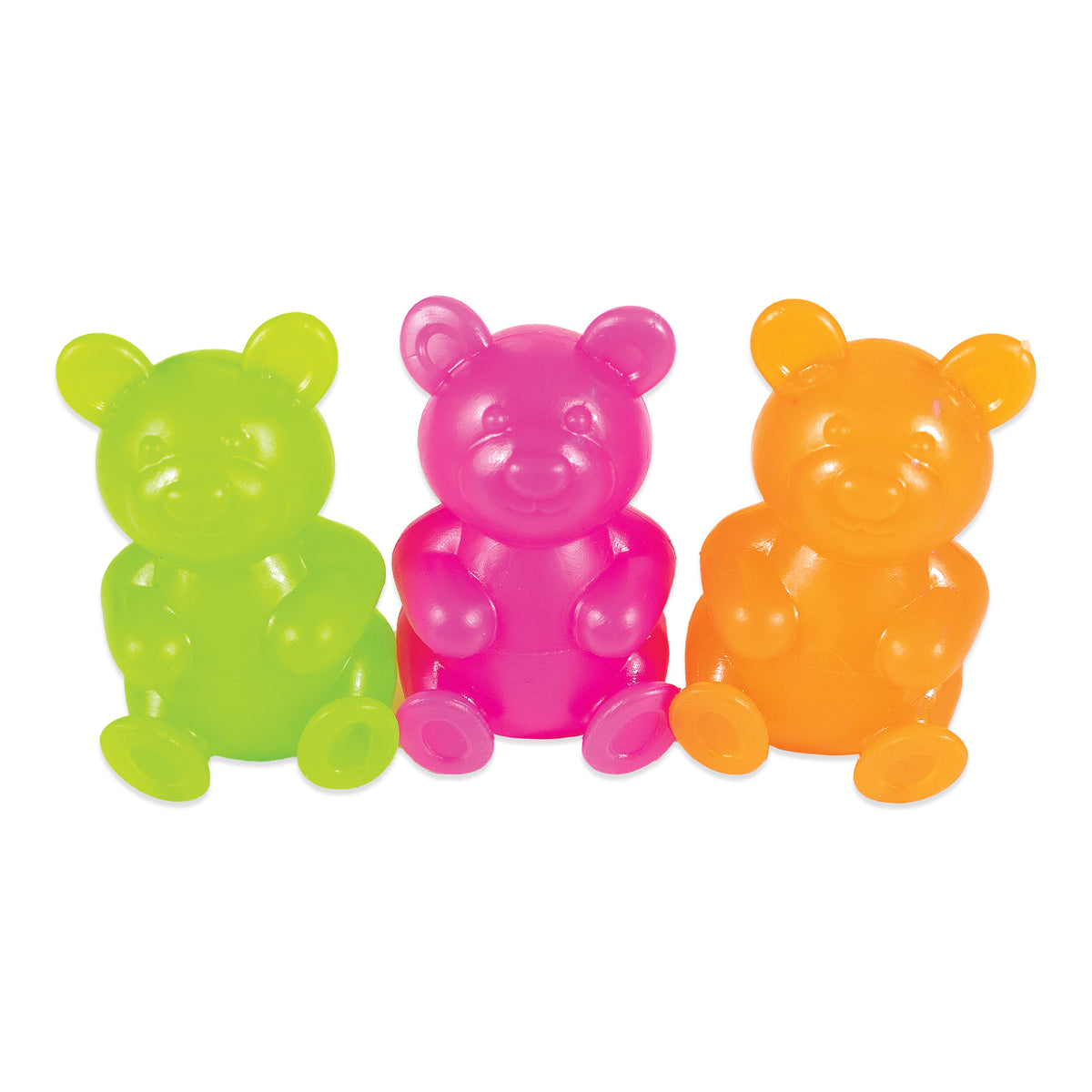 Assorted Gummy Bear Squeeze Toys in bubblegum pink, citrus orange, and sour green featuring soft, squishy gummy bear shapes.
