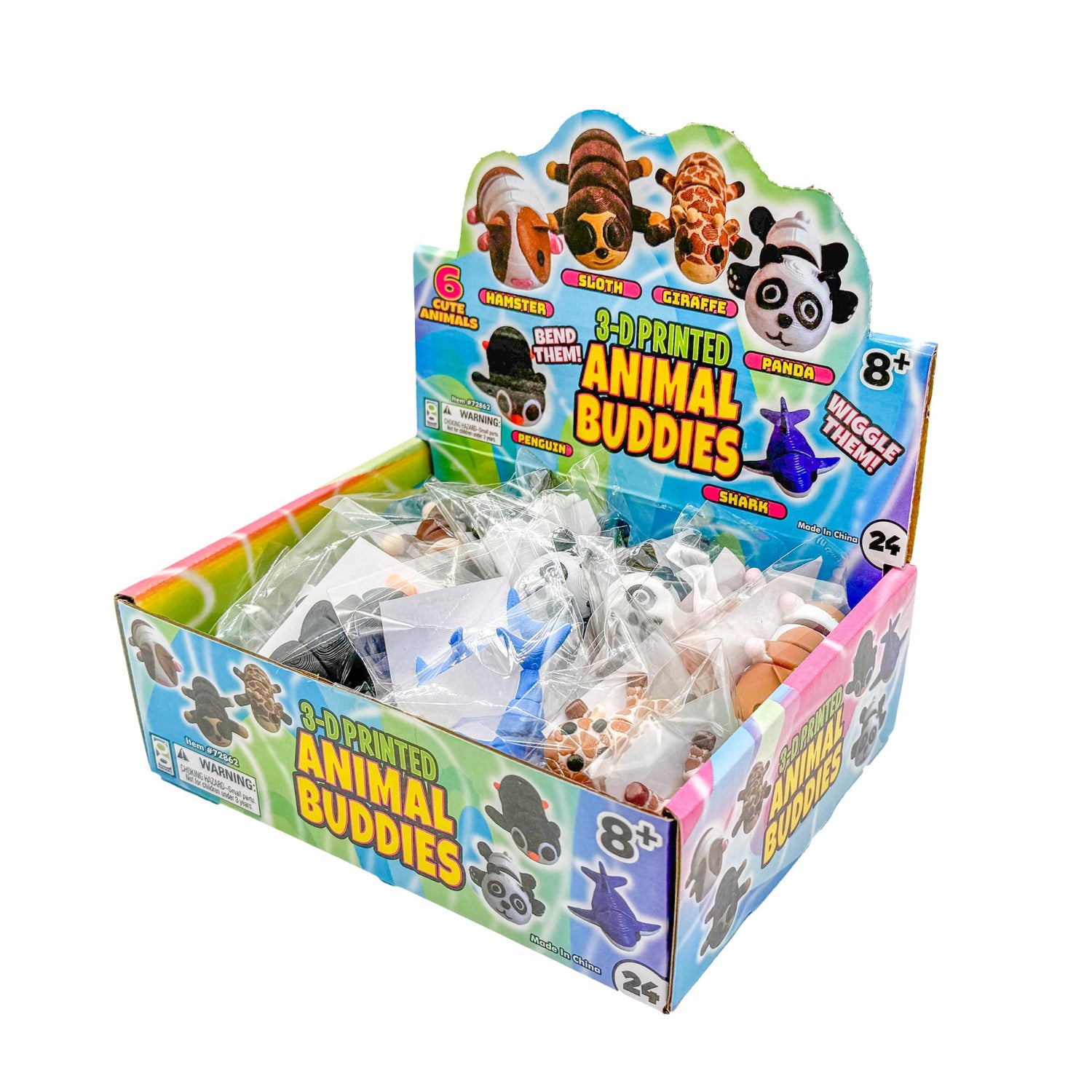 Box of 3D-printed Animal Buddies toys with colorful packaging on a white background
