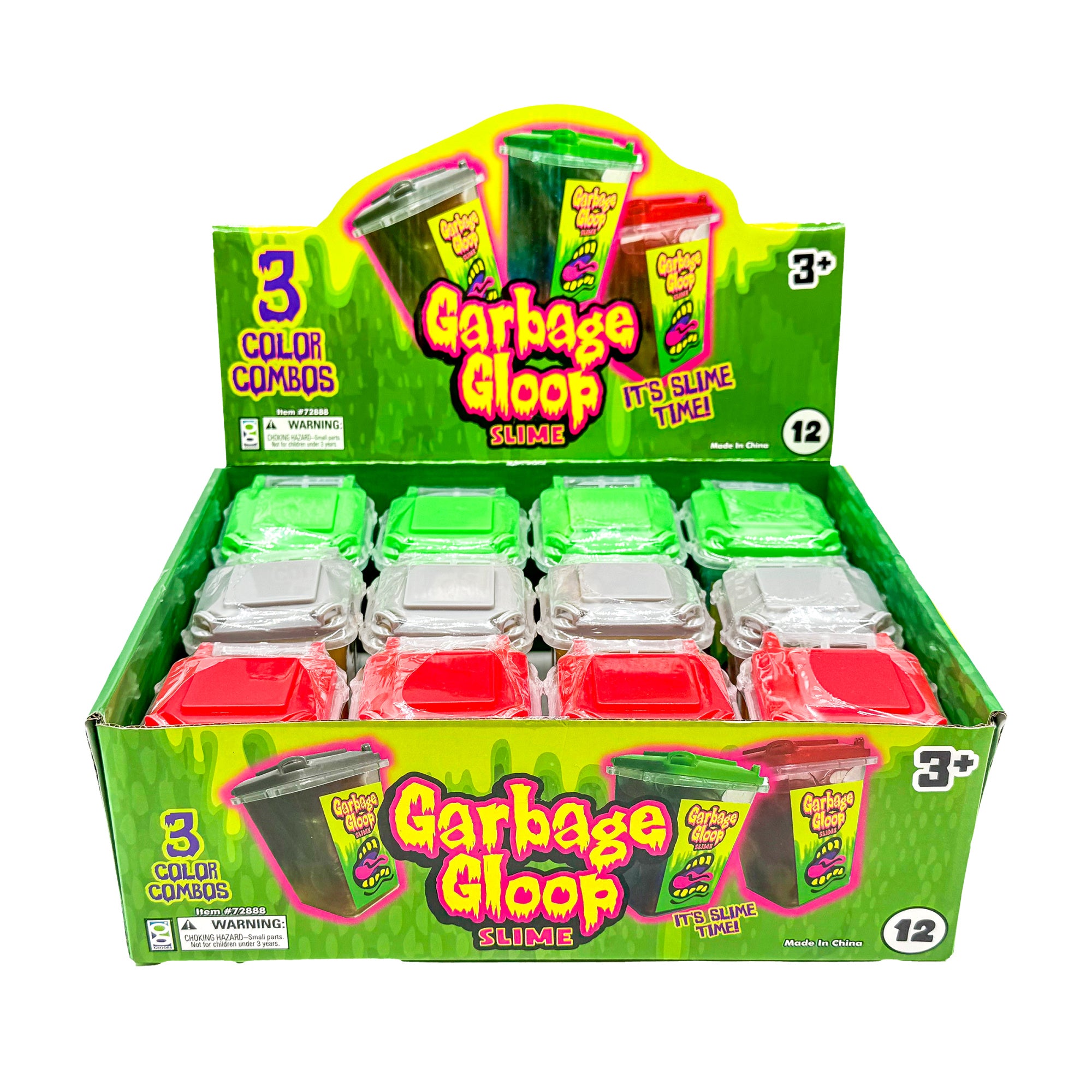 Display box of 'Garbage Gloop' slime with green, red, and silver containers.