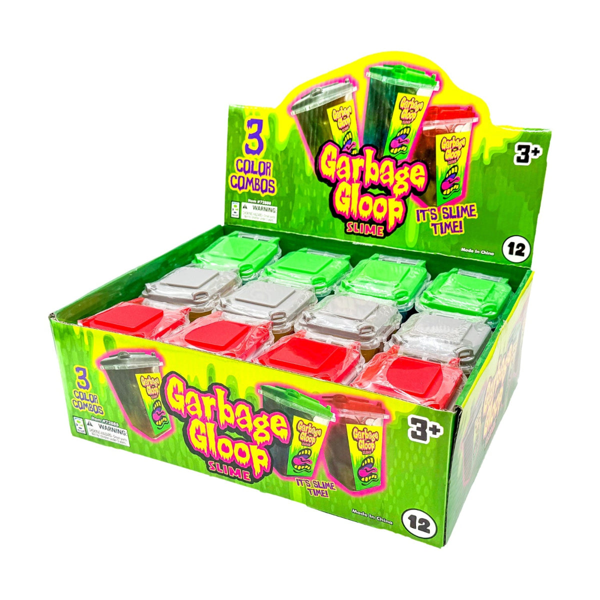 Display box of Garbage Gloop slime toys with colorful packaging.