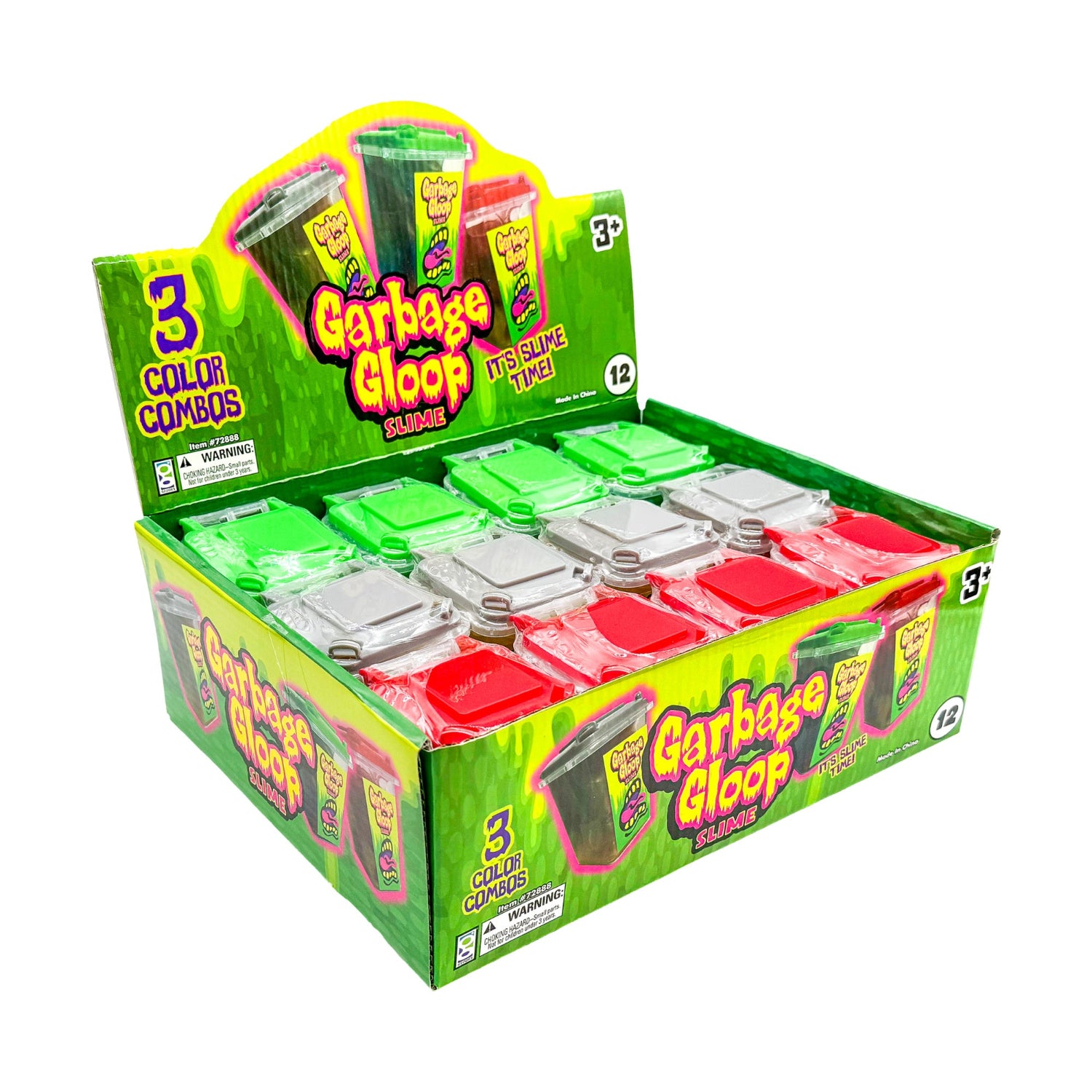 Display box of Garbage Gloop slime with green, red, and gray containers.