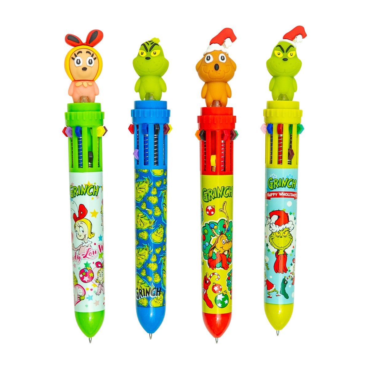 Four Dr. Seuss™ Grinch 10-color pens featuring Cindy-Lou Who, the Grinch, Max, and the Grinch wearing a Santa hat.
