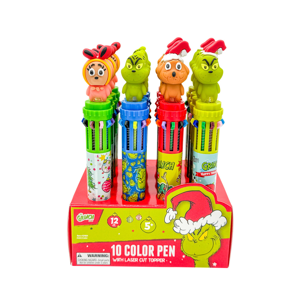 Front view of a 12-count display of assorted Dr. Seuss™ Grinch 10-color pens with colorful character toppers.