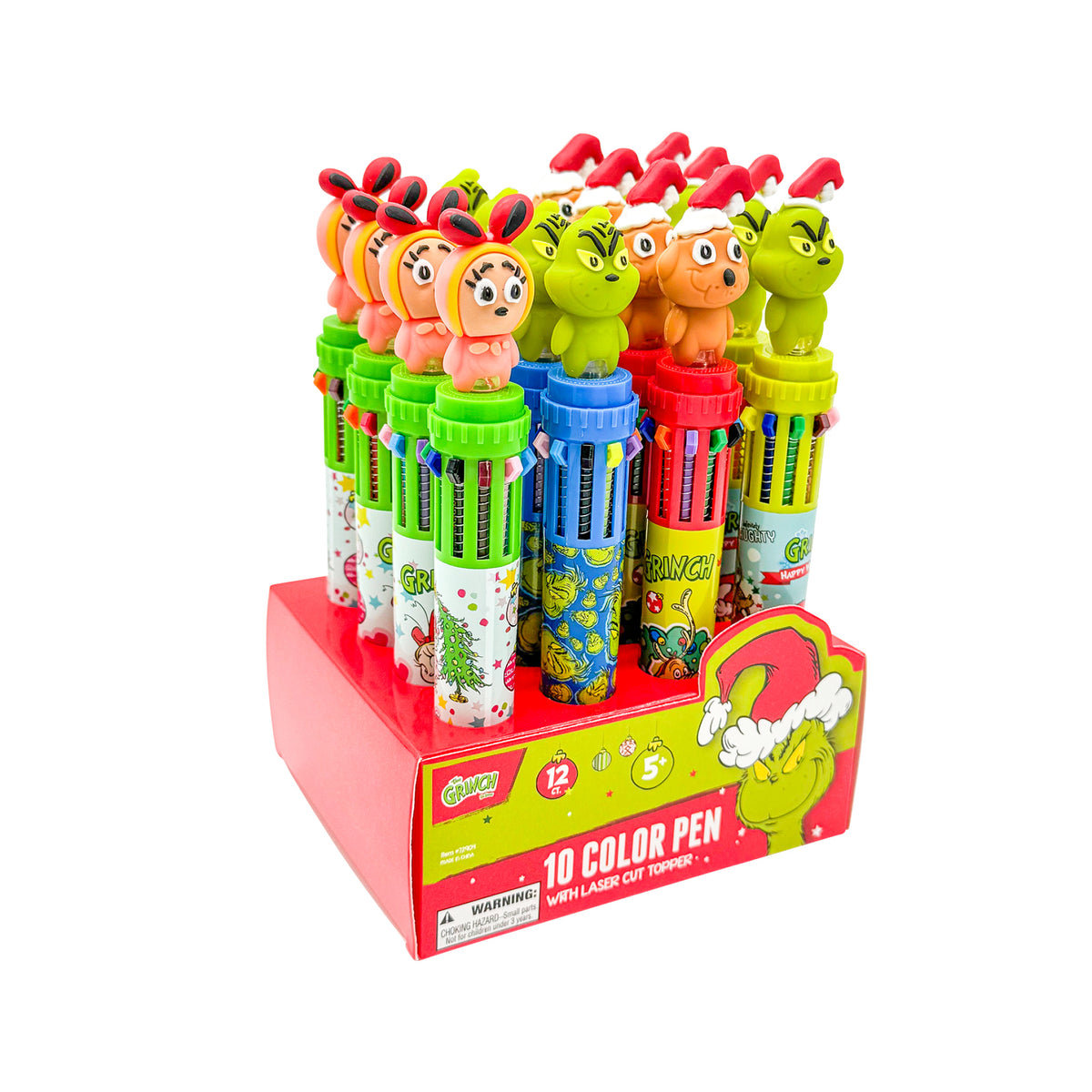 Angled view of a 12-count display of Dr. Seuss™ Grinch 10-color pens featuring four character designs.