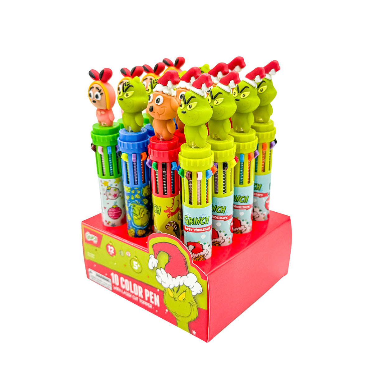 Alternate angled view of a full 12-count display of assorted Dr. Seuss™ Grinch 10-color pens.