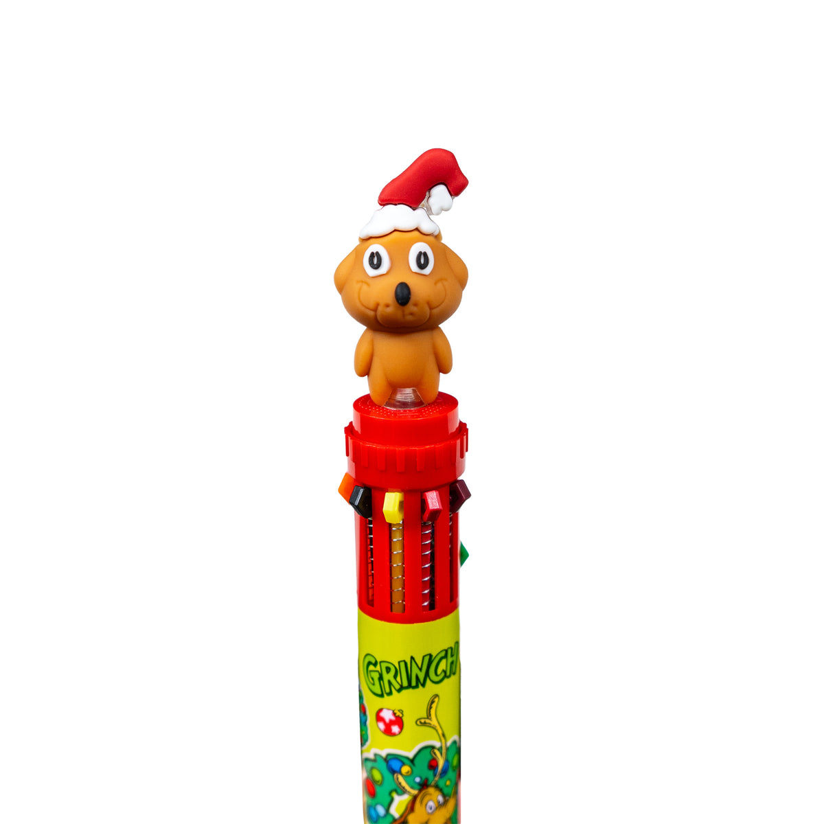 Dr. Seuss™ Grinch 10-color pen featuring Max wearing a red Santa hat.