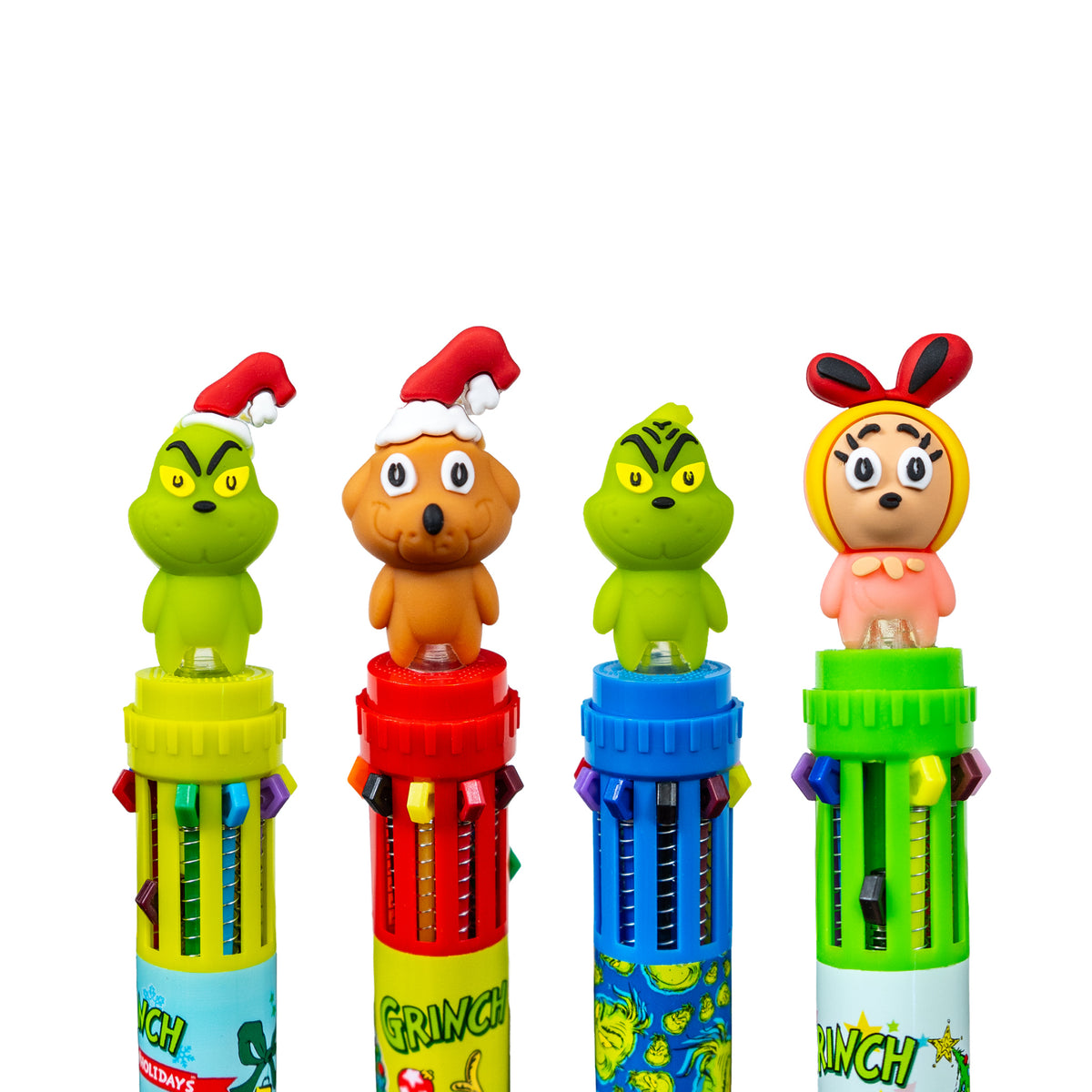 Assortment of four Dr. Seuss™ Grinch 10-color pens featuring the Grinch, Max, Cindy-Lou Who, and the Grinch in a Santa hat.