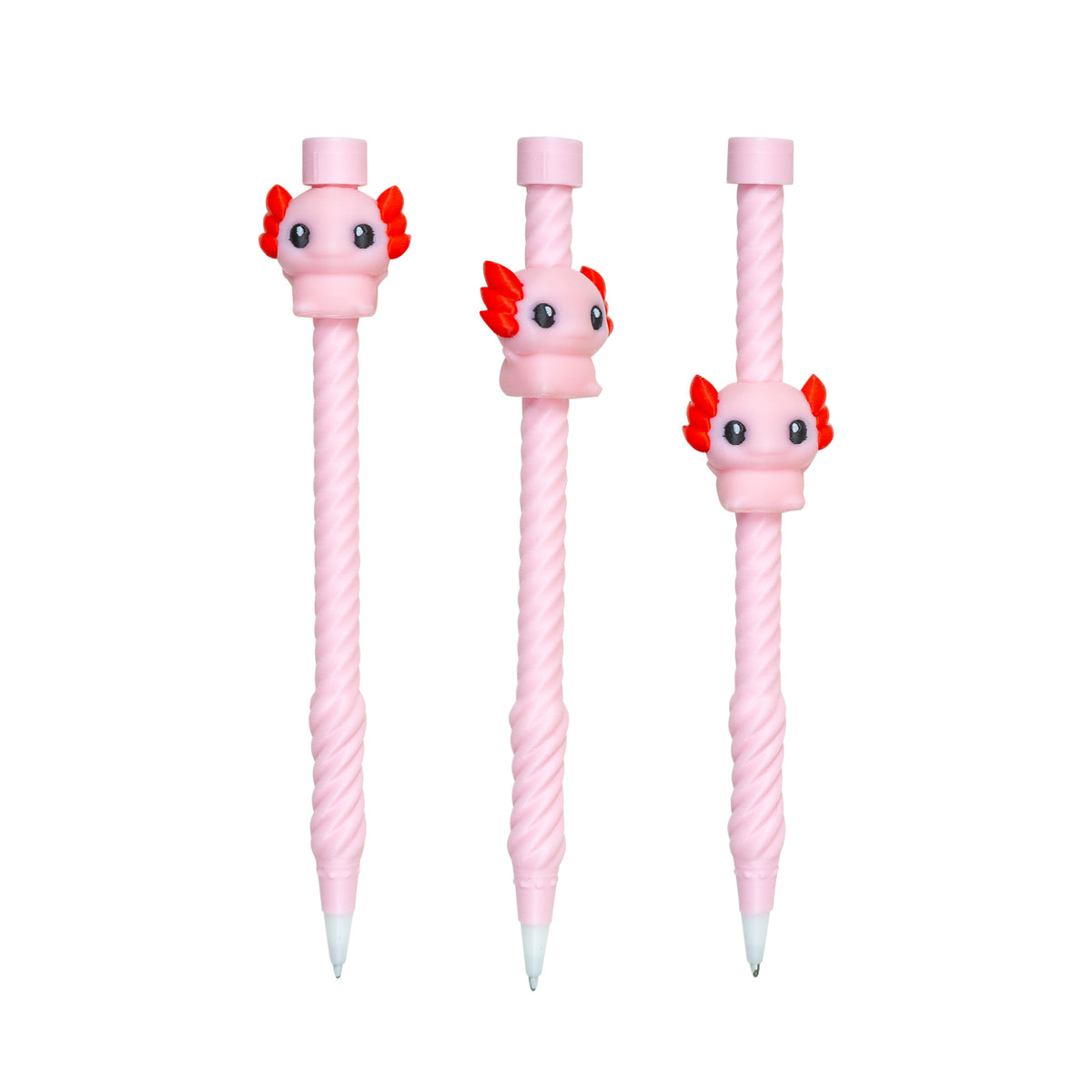 Three views of the pink axolotl Twirly Swirly Fidget Pen with red gills and a light pink spiral barrel.