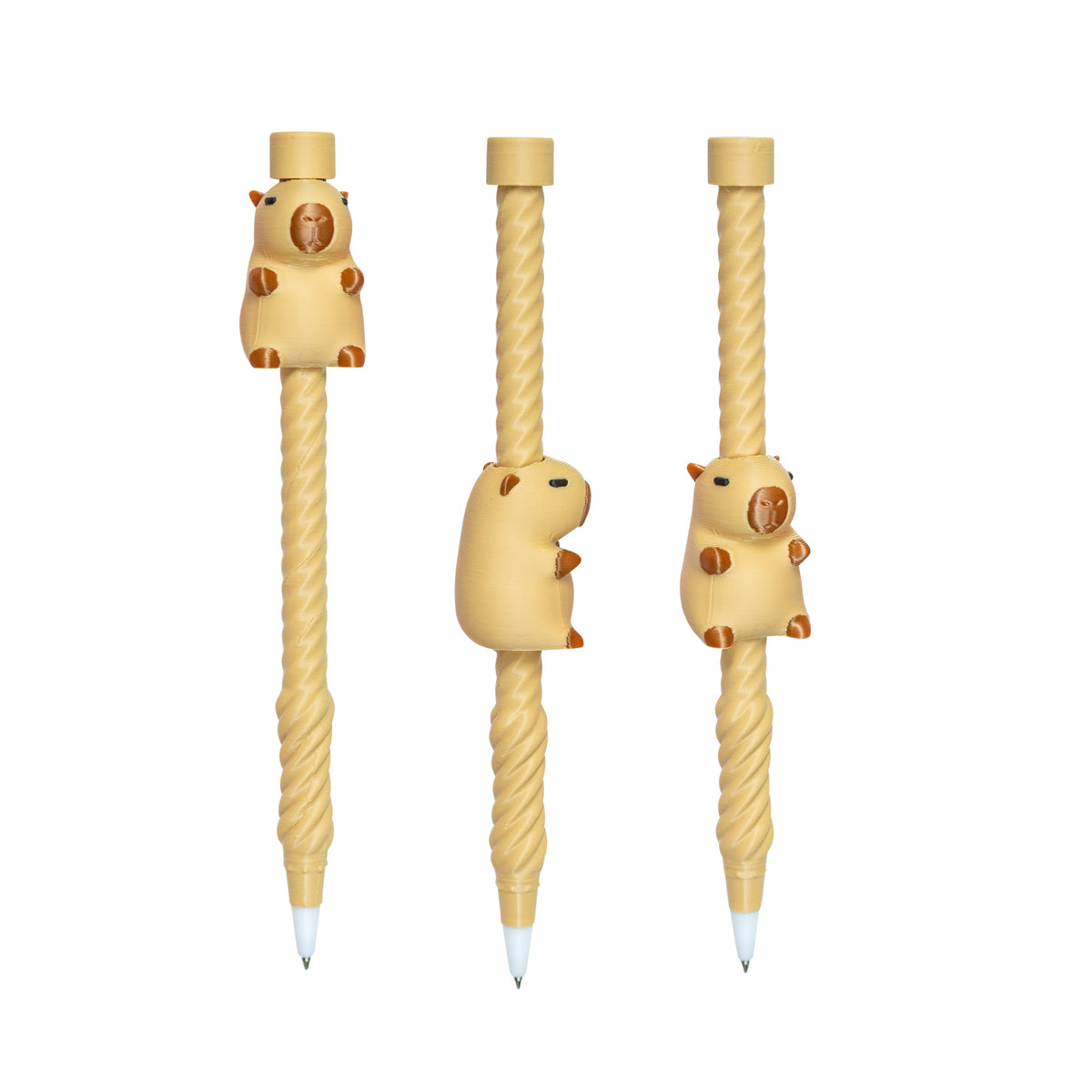 Three views of the tan capybara Twirly Swirly Fidget Pen showing the character moving along the spiral barrel.