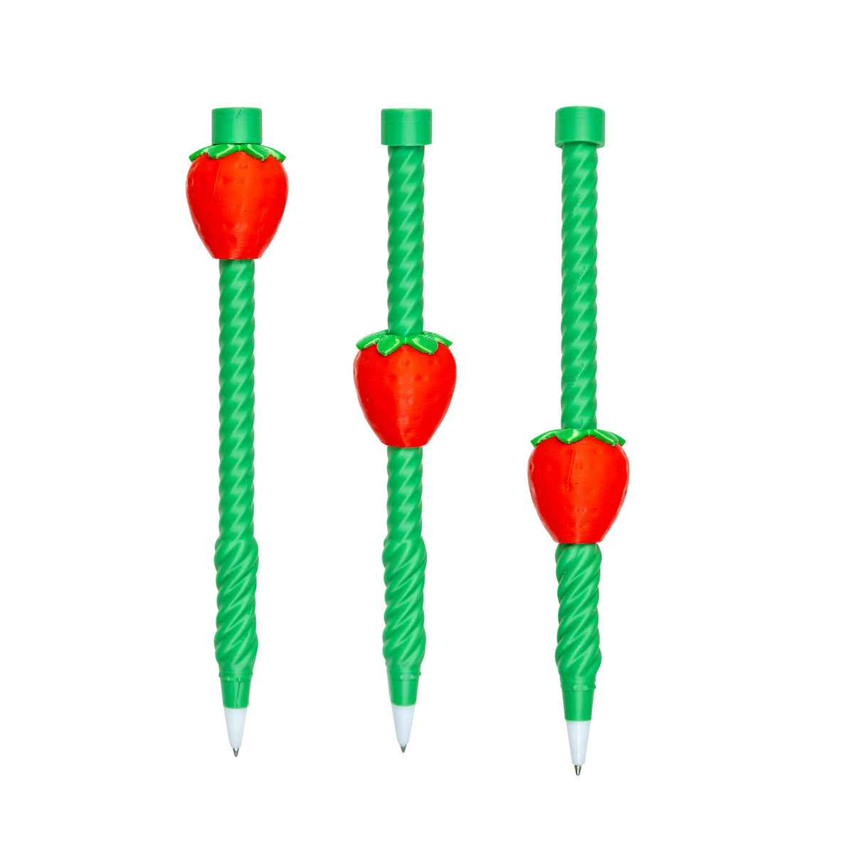Three views of the green strawberry Twirly Swirly Fidget Pen showing the strawberry moving along the spiral barrel.