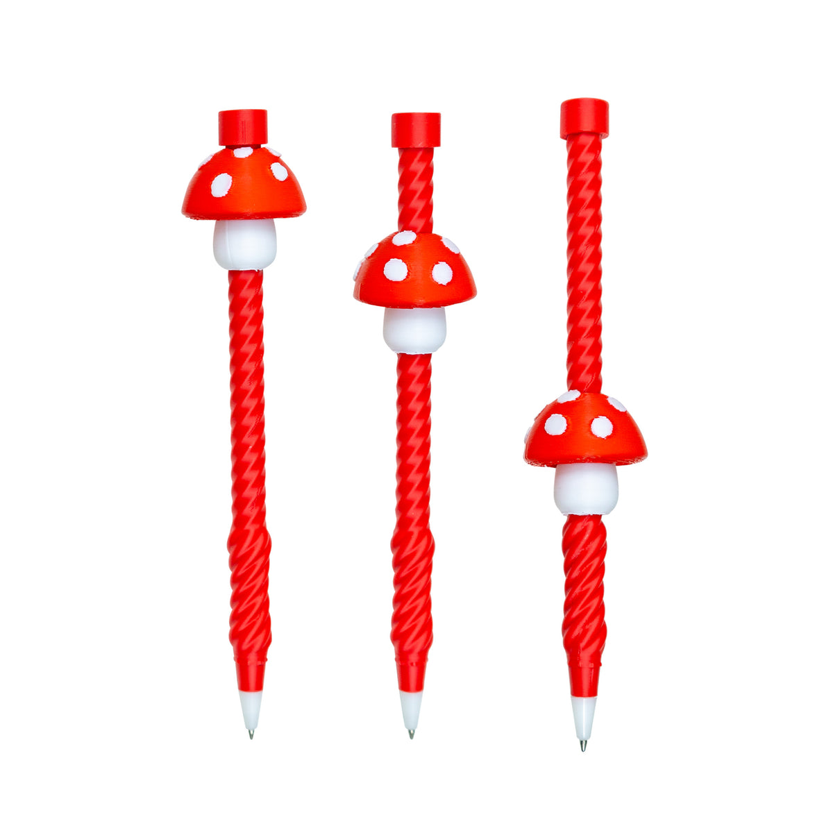 Three views of the red-and-white mushroom Twirly Swirly Fidget Pen with a red spiral barrel.