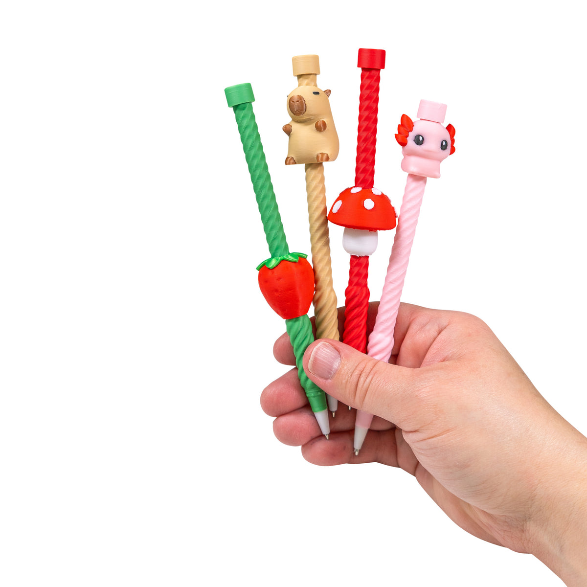 Assorted Twirly Swirly Fidget Pens held together in one hand.
