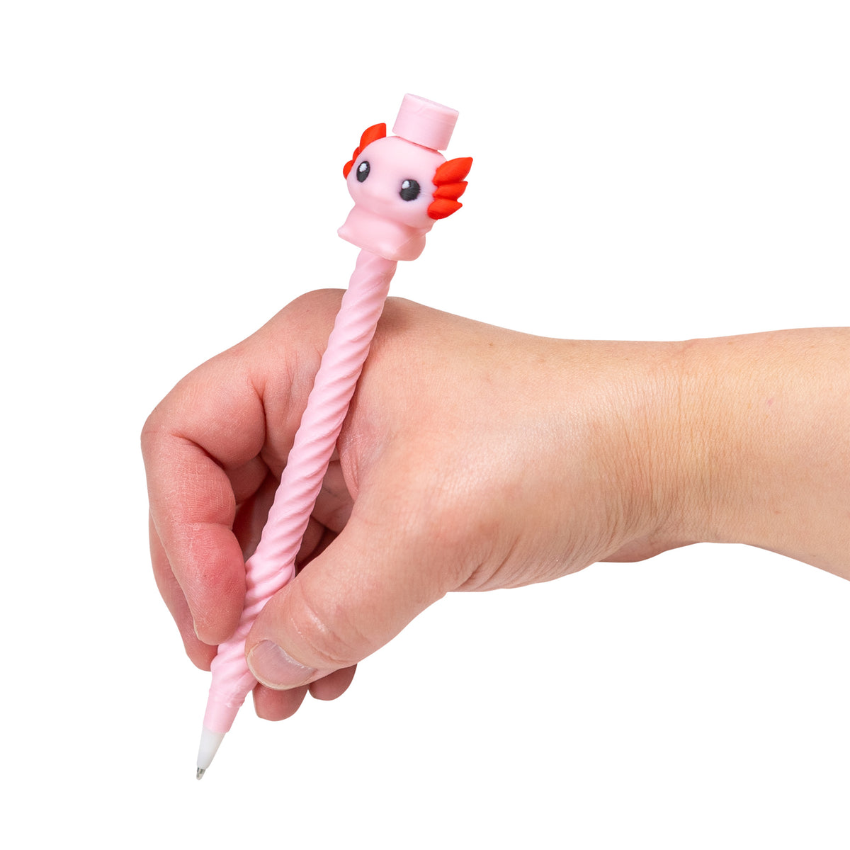 Hand writing with the pink axolotl Twirly Swirly Fidget Pen.