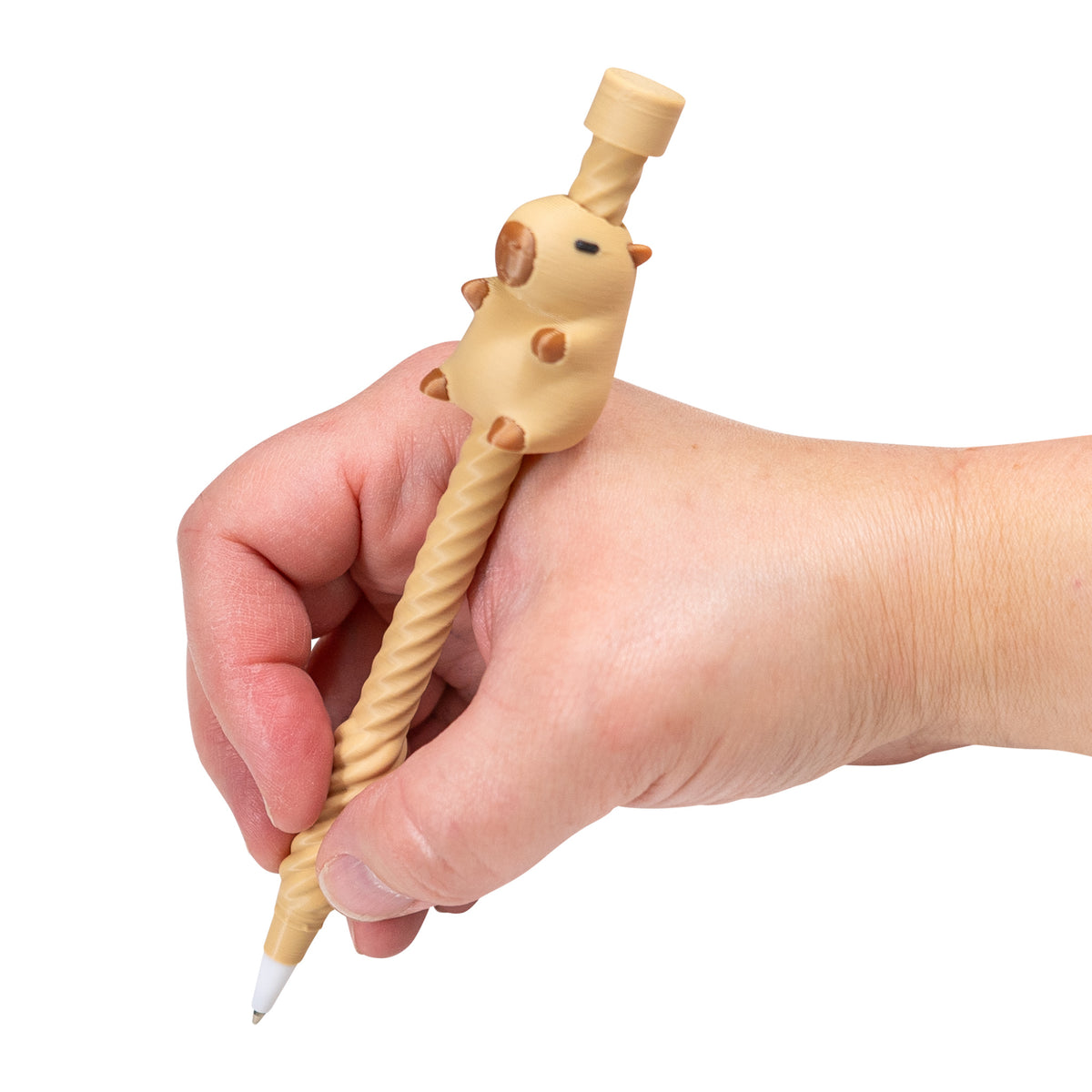 Hand writing with the tan capybara Twirly Swirly Fidget Pen.