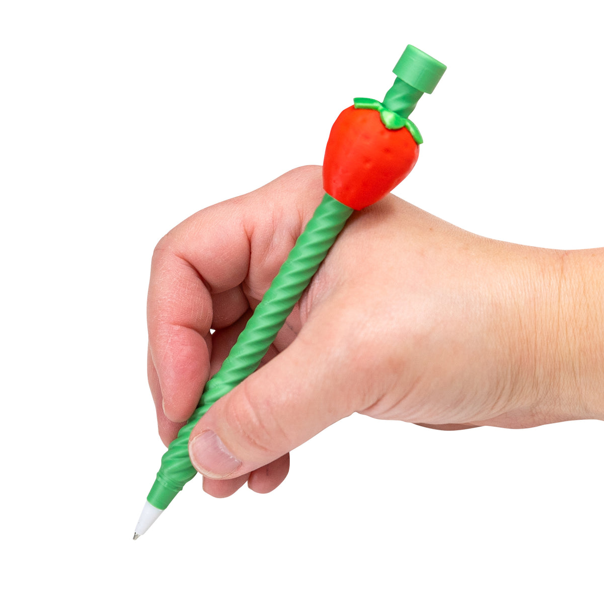 Hand writing with the green strawberry Twirly Swirly Fidget Pen.