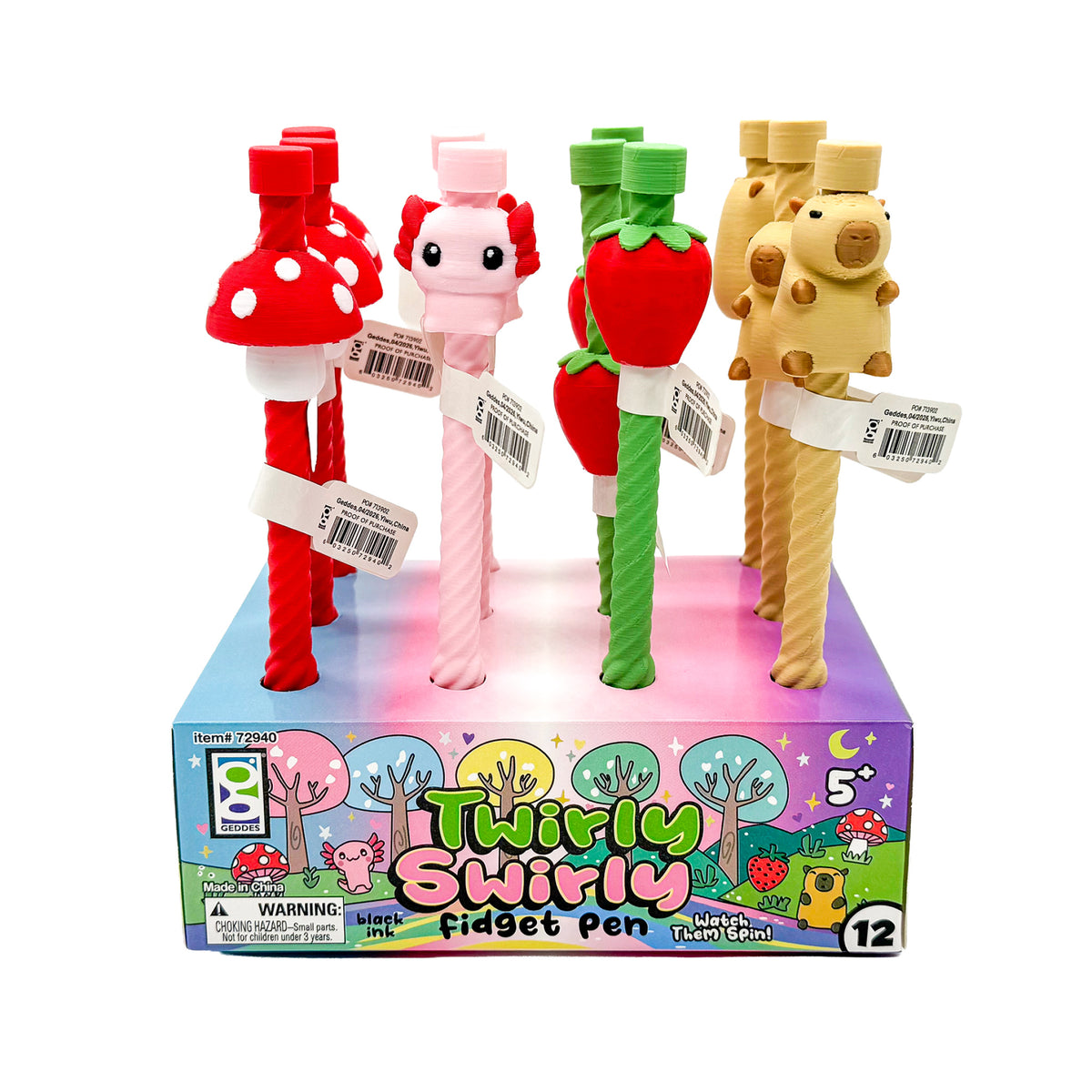 Front view of a 12-count Twirly Swirly Fidget Pen display with assorted character designs.