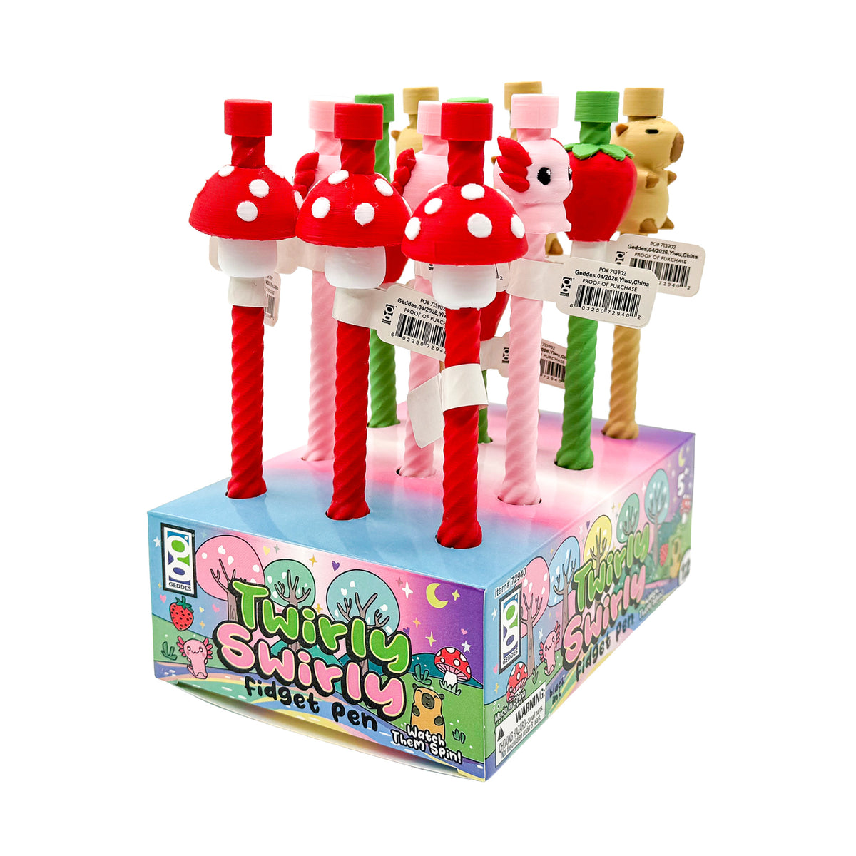 Alternate angled view of a 12-count Twirly Swirly Fidget Pen display.