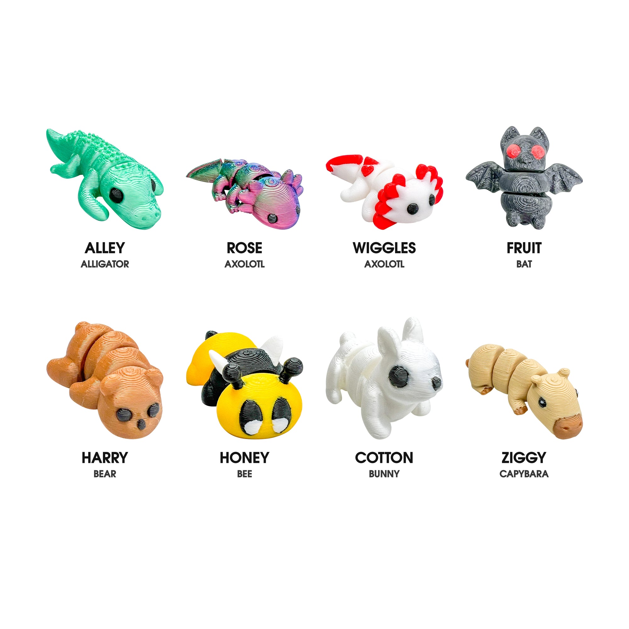 Eight 3D Printed Squiggly Jiggly Pets figures: Alley the alligator, Rose and Wiggles the axolotls, Fruit the bat, Harry the bear, Honey the bee, Cotton the bunny and Ziggy the capybara.