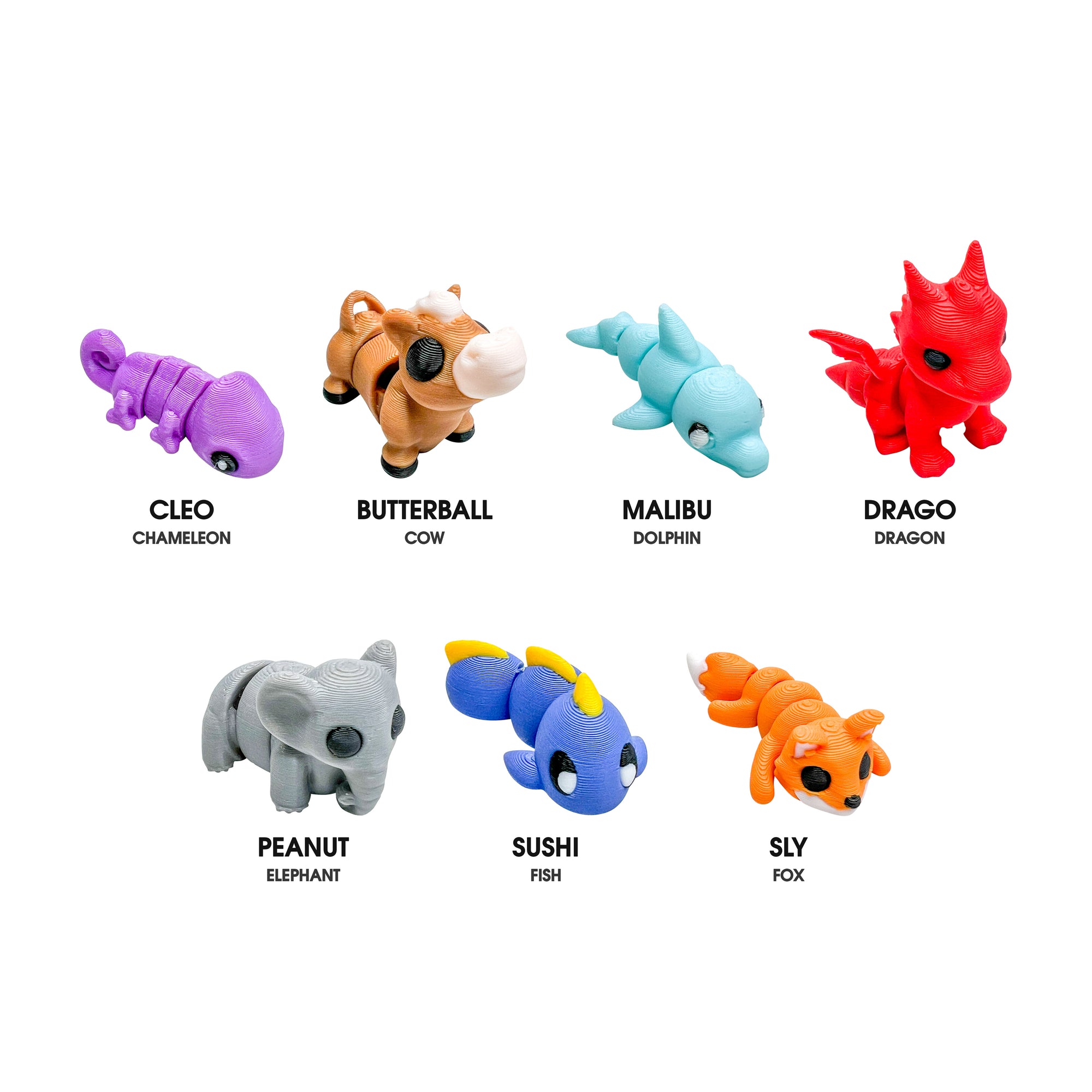 Seven 3D Printed Squiggly Jiggly Pets figures: Cleo the chameleon, Butterball the cow, Malibu the dolphin, Drago the dragon, Peanut the elephant, Sushi the fish and Sly the fox.