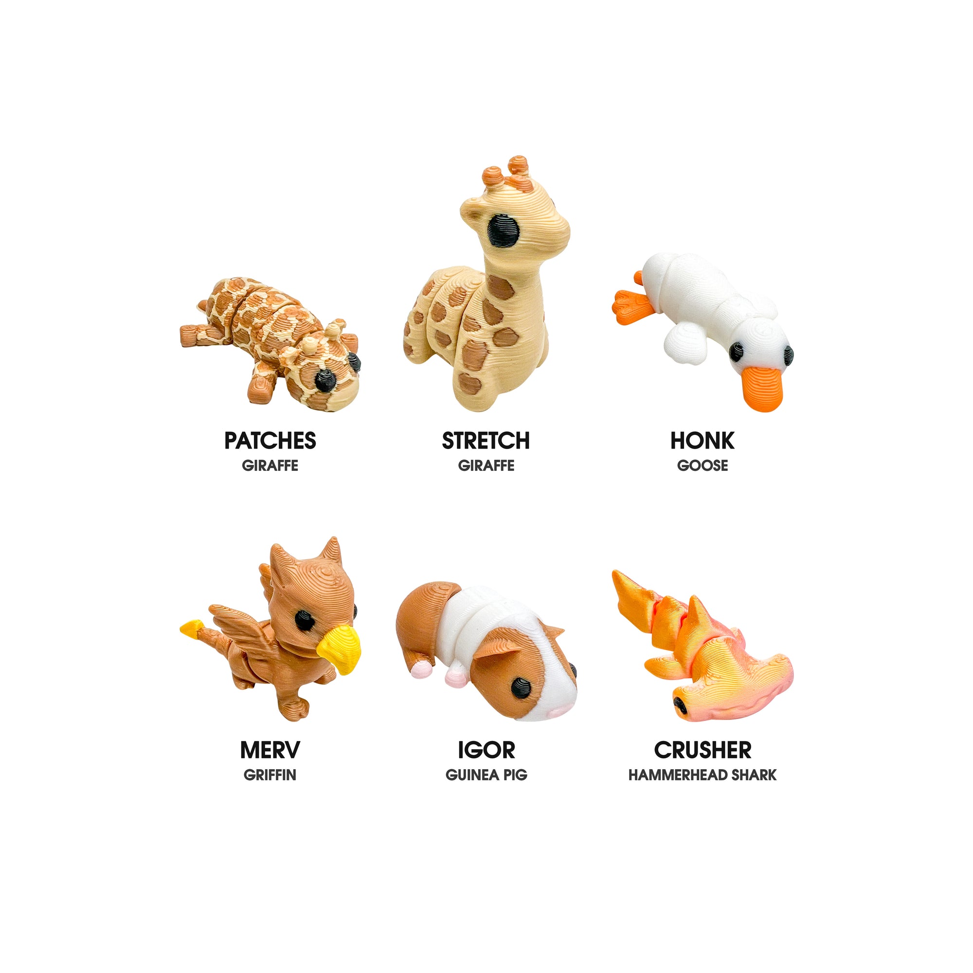 Six 3D Printed Squiggly Jiggly Pets figures: Patches and Stretch the giraffes, Honk the goose, Merv the griffin, Igor the guinea pig and Crusher the hammerhead shark.