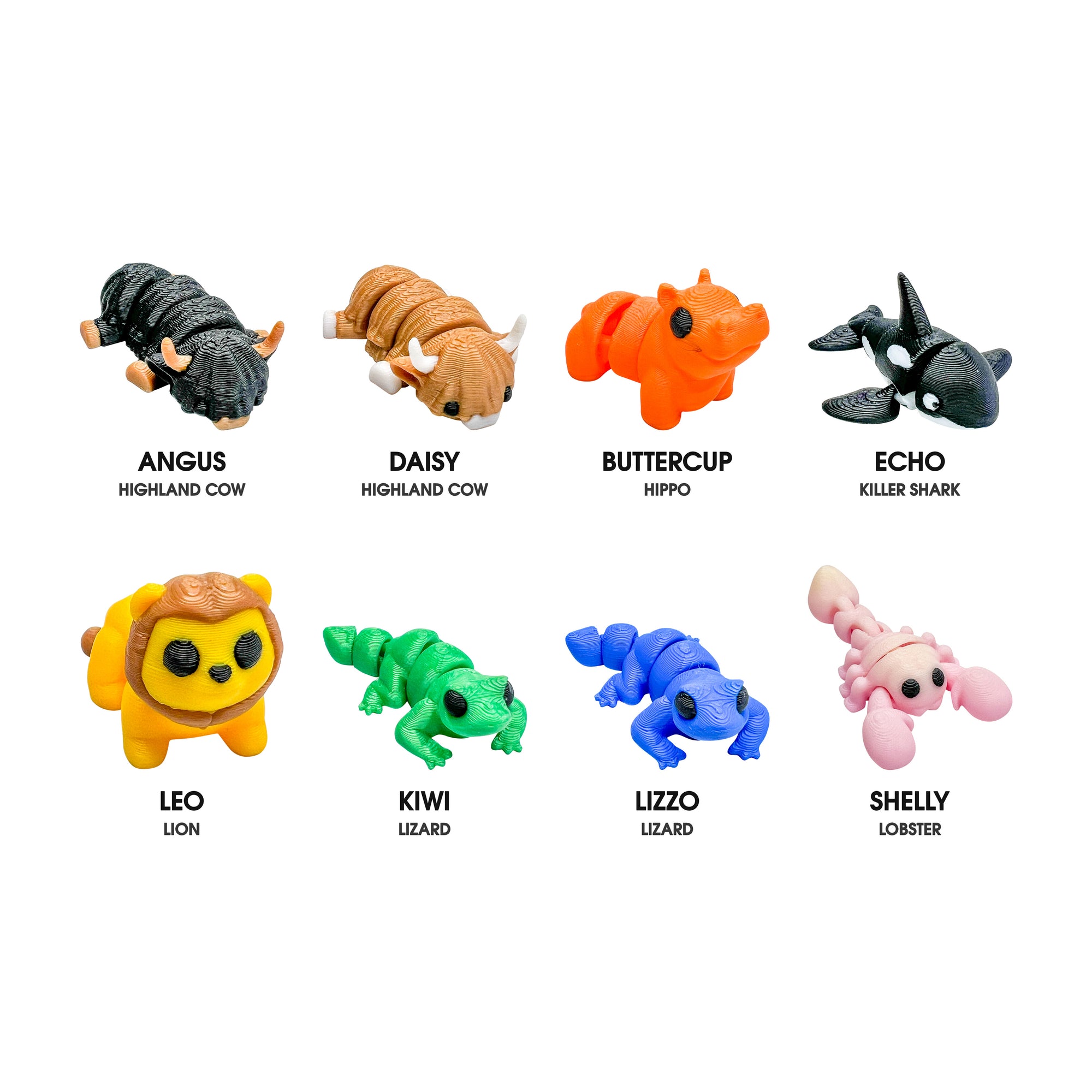 Eight 3D Printed Squiggly Jiggly Pets figures: Angus and Daisy the Highland cows, Buttercup the hippo, Echo the killer shark, Leo the lion, Kiwi and Lizzo the lizards and Shelly the lobster.