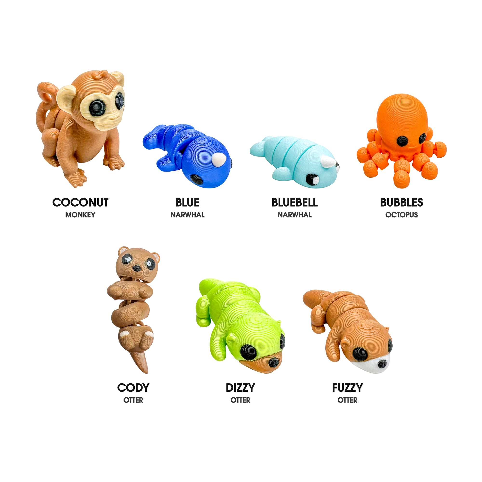 Seven 3D Printed Squiggly Jiggly Pets figures: Coconut the monkey, Blue and Bluebell the narwhals, Bubbles the octopus and Cody, Dizzy and Fuzzy the otters.