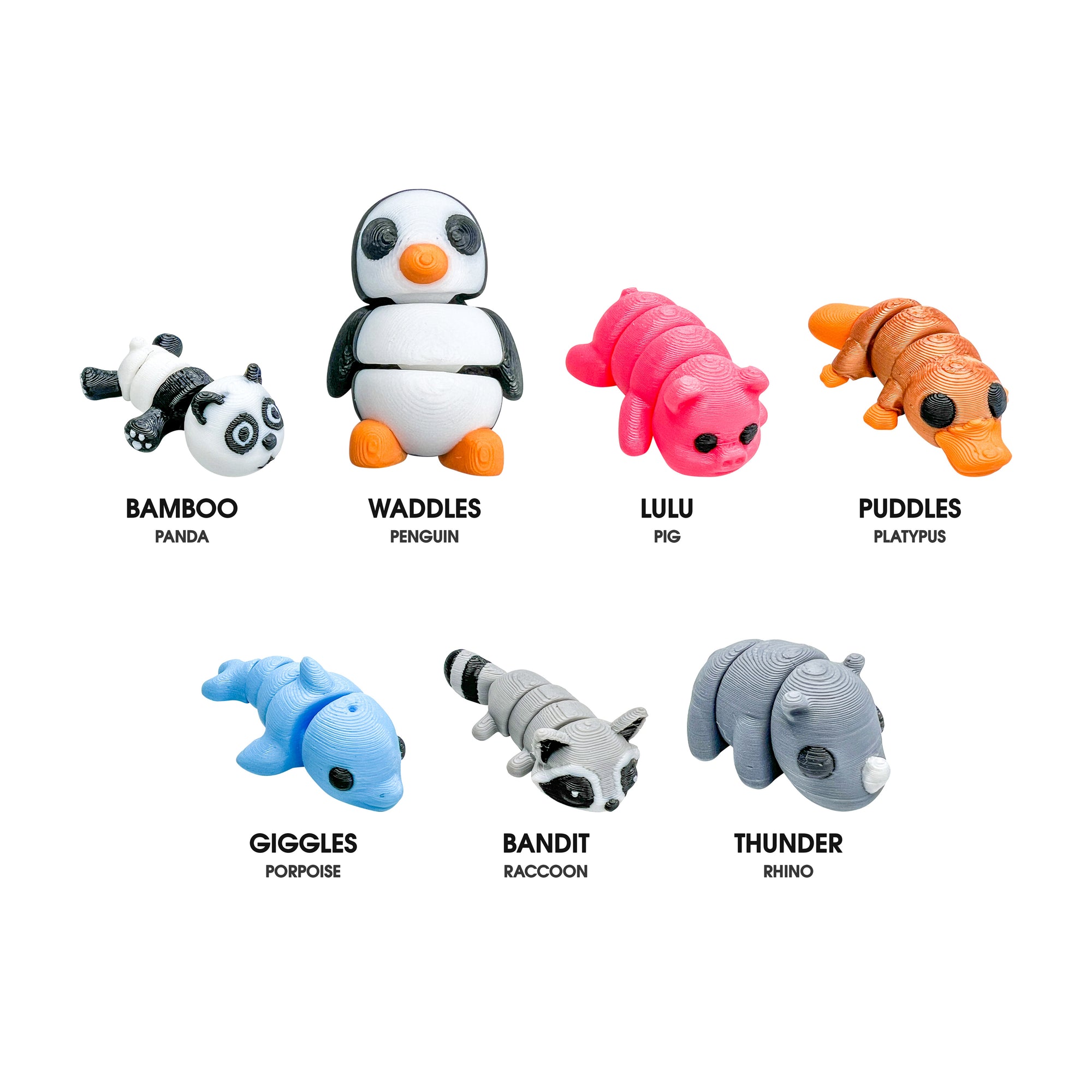Seven 3D Printed Squiggly Jiggly Pets figures: Bamboo the panda, Waddles the penguin, Lulu the pig, Puddles the platypus, Giggles the porpoise, Bandit the raccoon and Thunder the rhino.