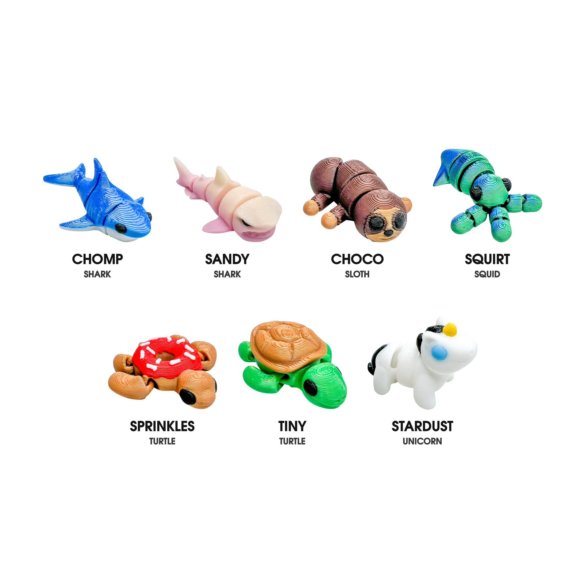 Seven 3D Printed Squiggly Jiggly Pets figures: Chomp and Sandy the sharks, Choco the sloth, Squirt the squid, Sprinkles and Tiny the turtles and Stardust the unicorn.