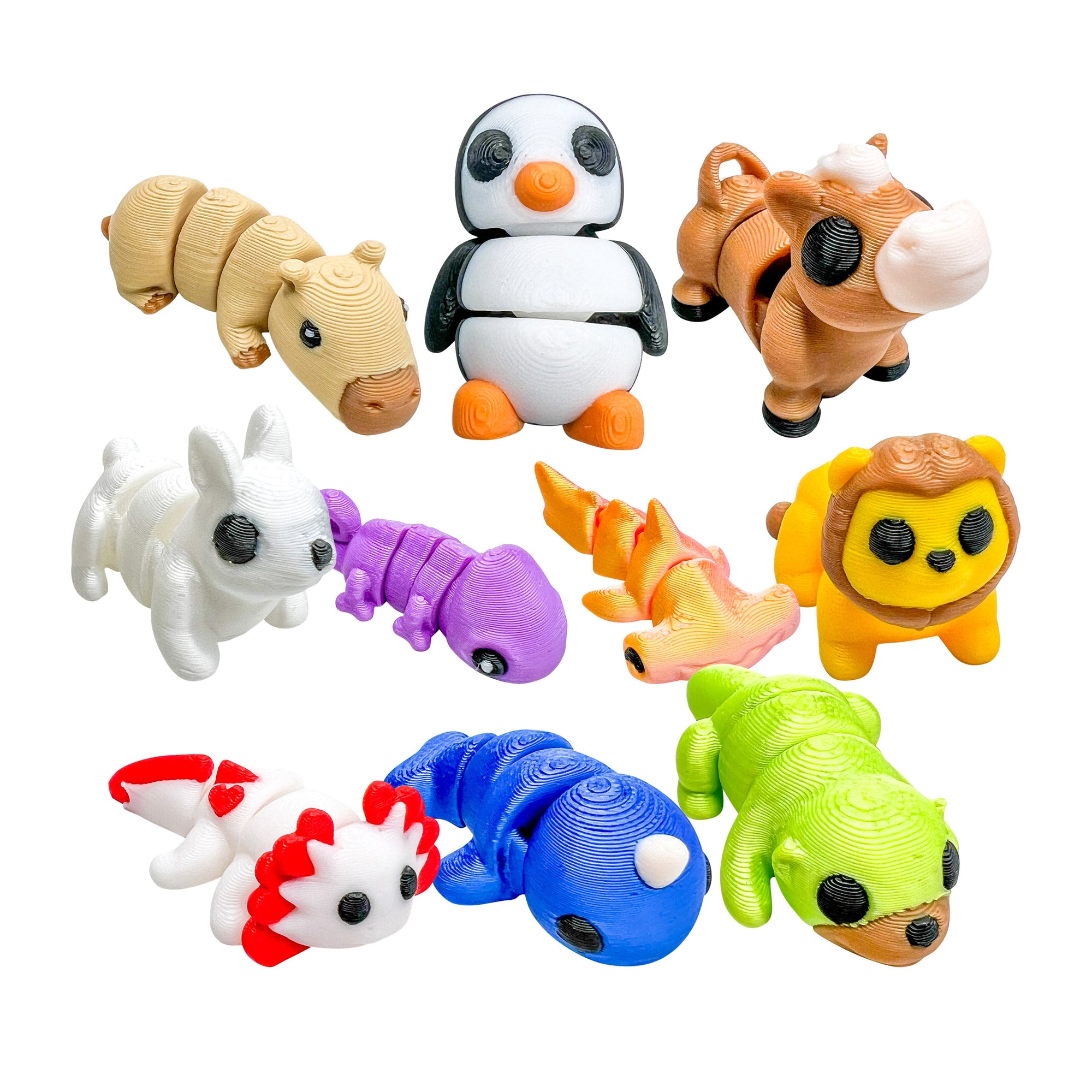 Ten colorful 3D Printed Squiggly Jiggly Pets figures featuring Ziggy, Waddles, Butterball, Cotton, Cleo, Crusher, Leo, Wiggles, Sushi and Dizzy on a white background.