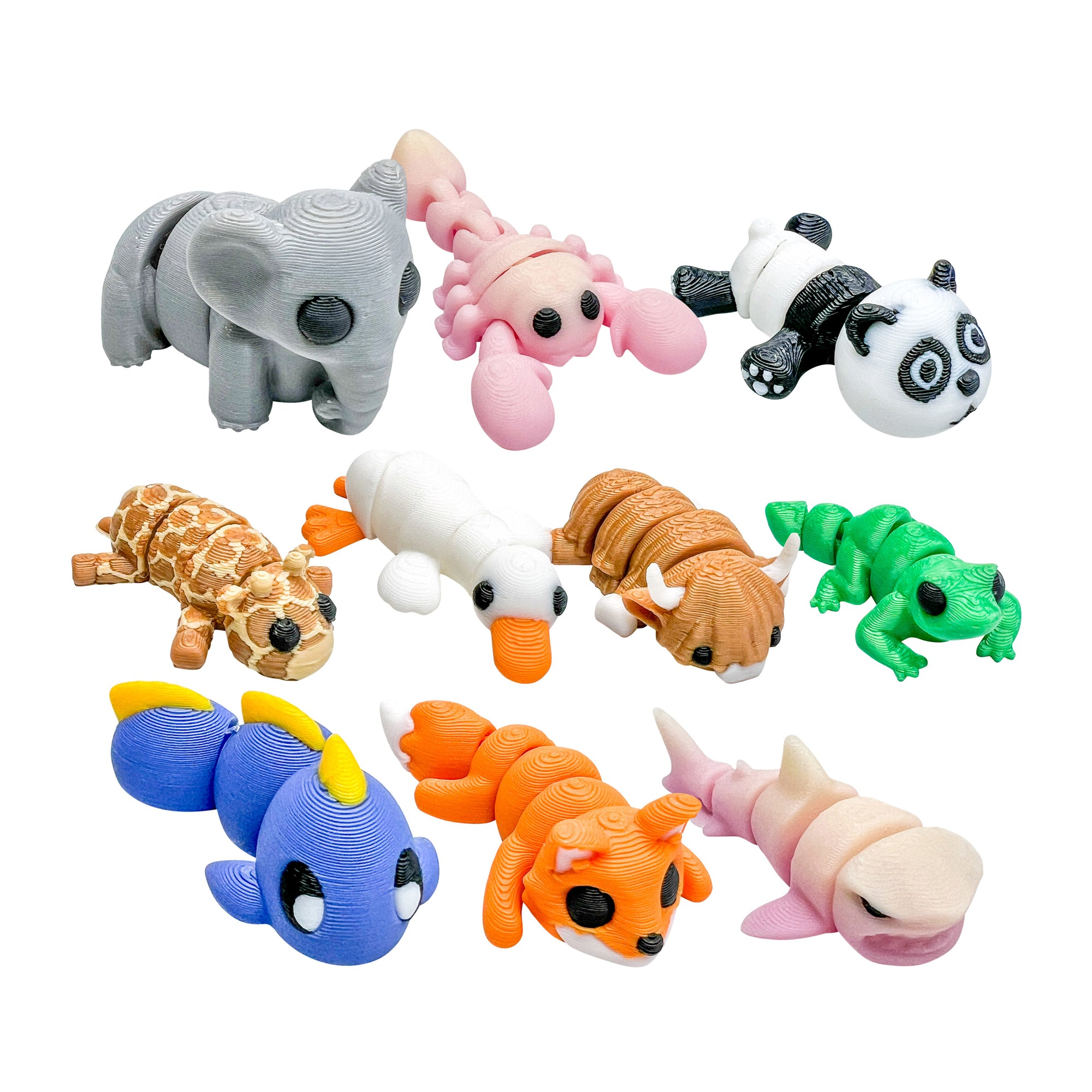 Ten colorful 3D Printed Squiggly Jiggly Pets figures featuring Peanut, Shelly, Bamboo, Patches, Honk, Daisy, Kiwi, Sushi, Sly and Sandy on a white background.