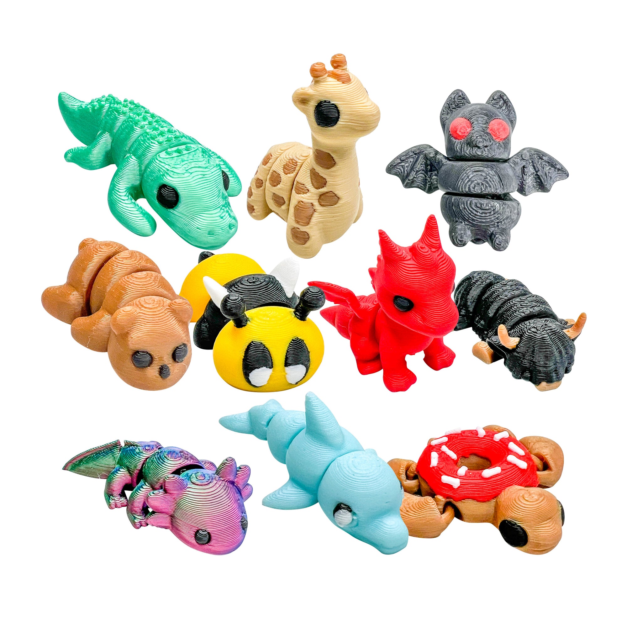 Ten colorful 3D Printed Squiggly Jiggly Pets figures featuring Alley, Stretch, Fruit, Harry, Honey, Drago, Angus, Rose, Malibu and Sprinkles on a white background.
