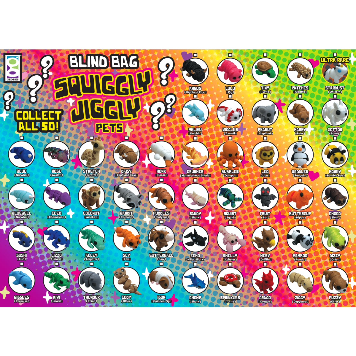 Squiggly Jiggly Pets collector’s poster showing all 50 available 3D Printed animal figures with their names and animal types.