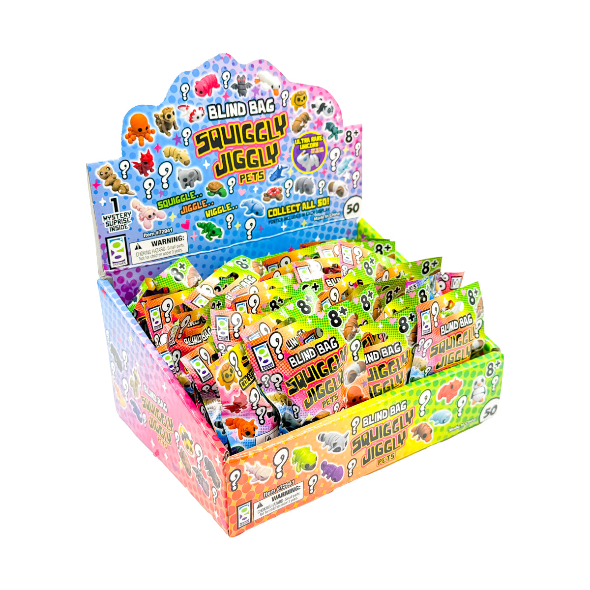 Left-angled view of a full 50-count Squiggly Jiggly Pets Blind Bags retail display on a white background.