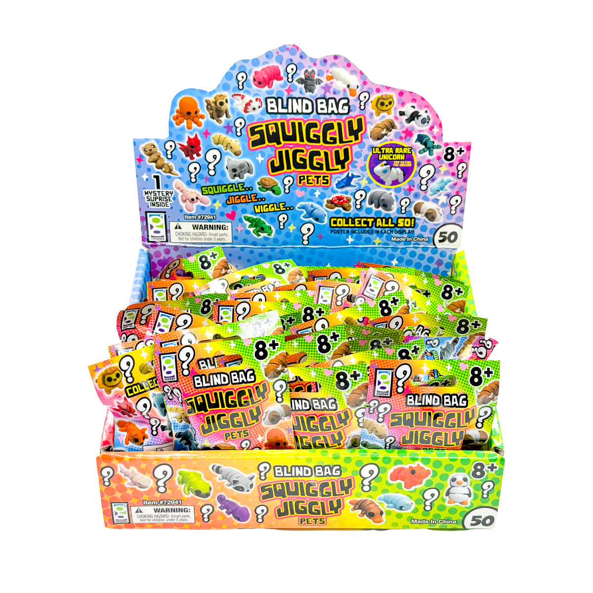 Front view of a full 50-count Squiggly Jiggly Pets Blind Bags retail display on a white background.